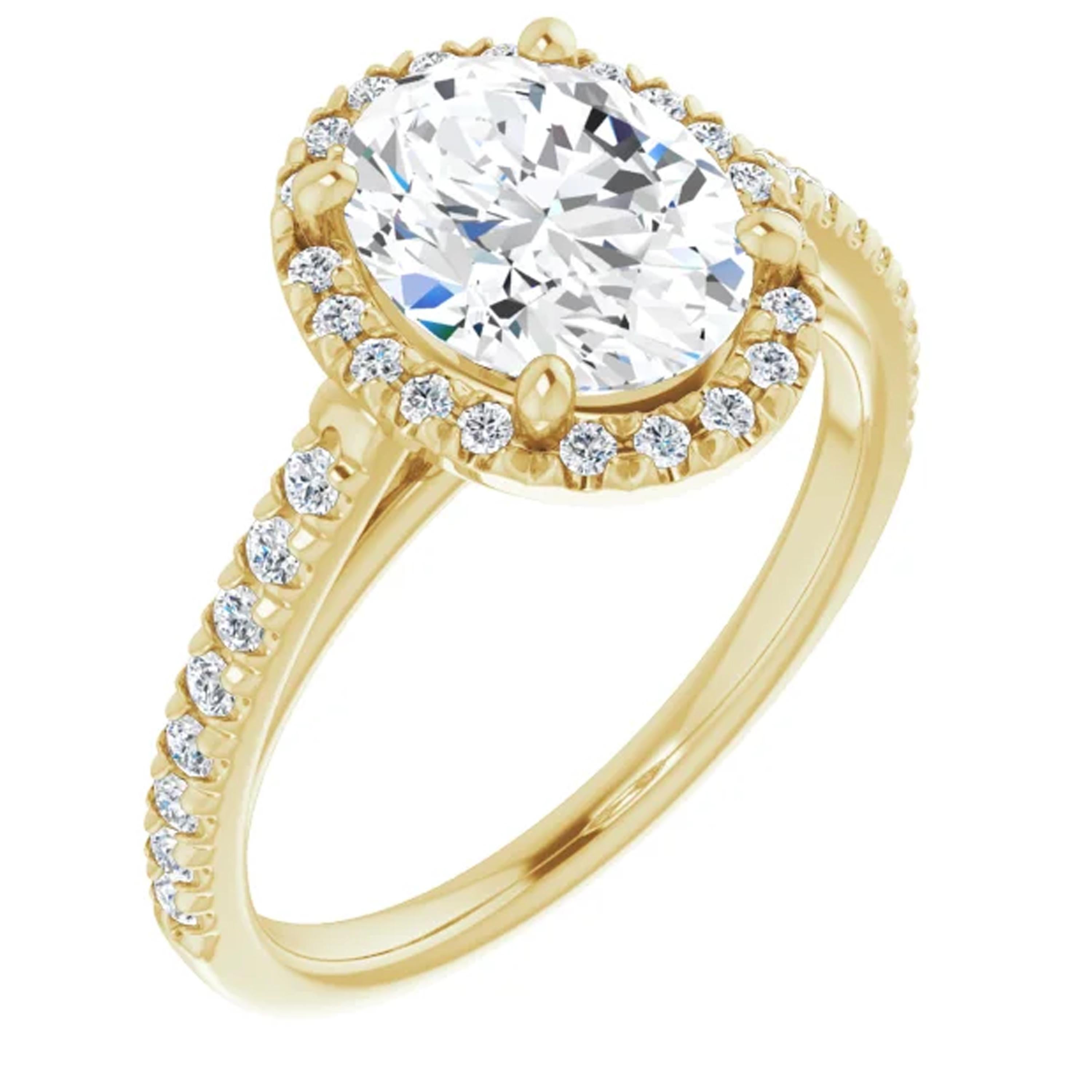 French Pave Halo GIA Oval Diamond Engagement Ring Yellow Gold In New Condition For Sale In Los Angeles, CA