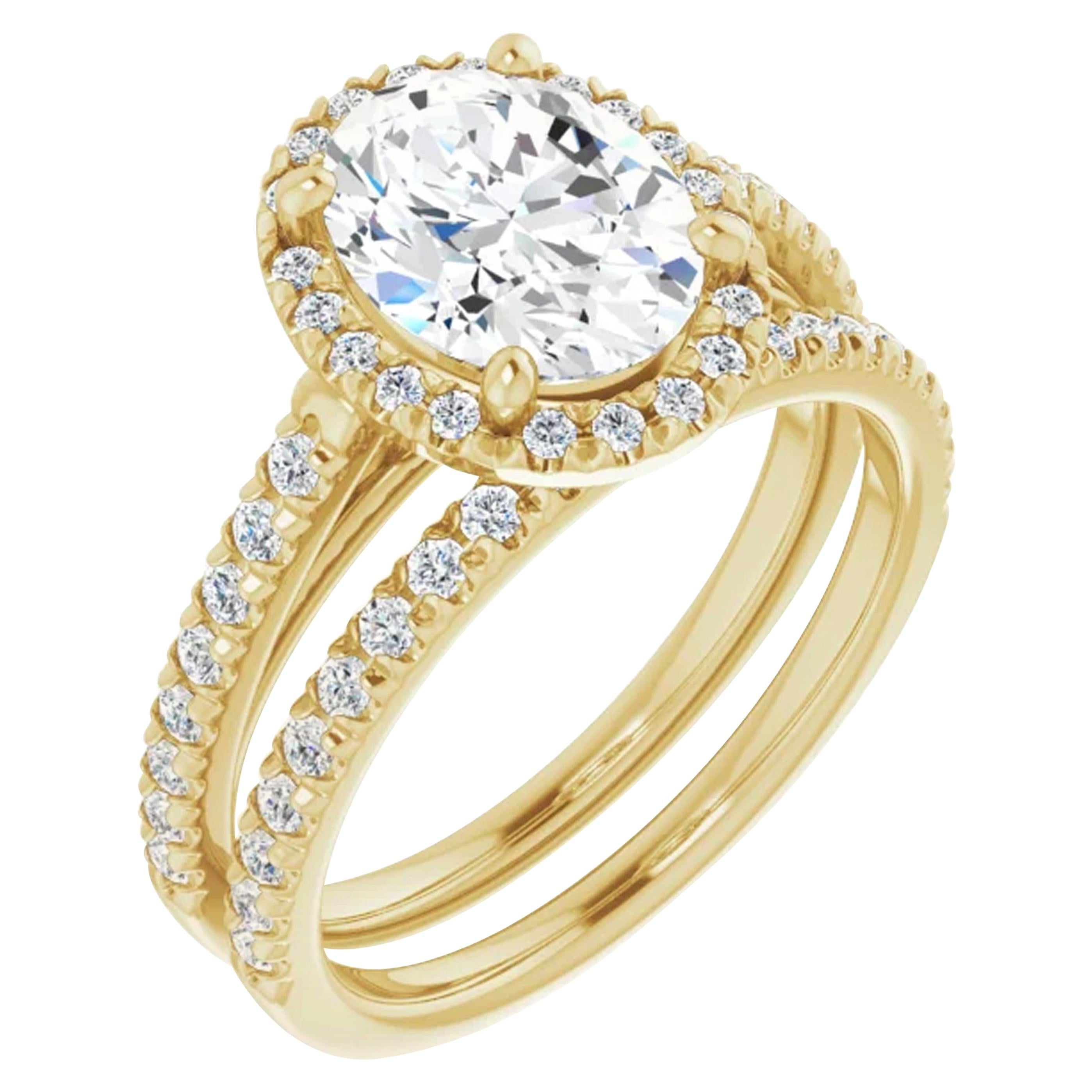 French Pave Halo GIA Oval Diamond Engagement Ring Yellow Gold For Sale