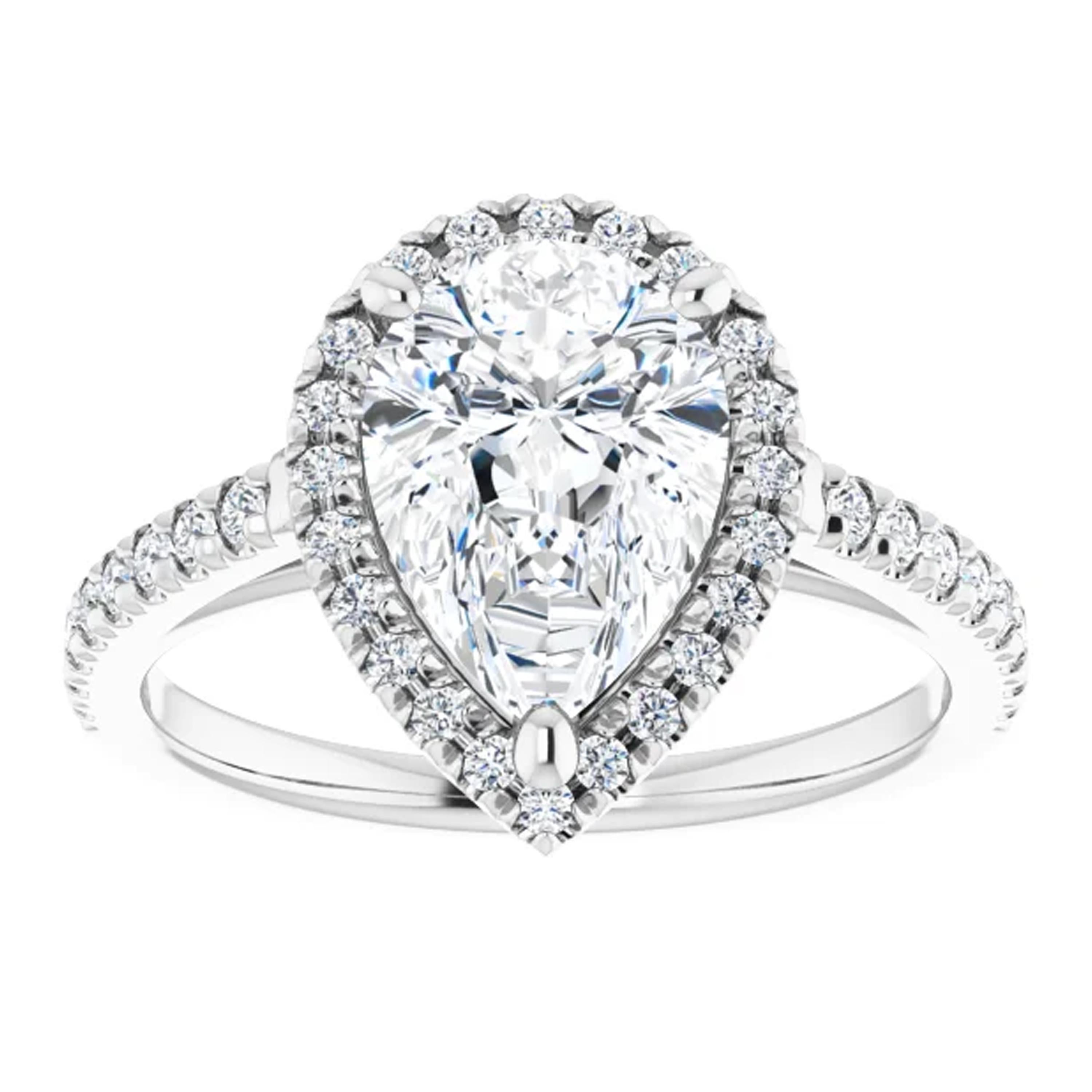 Amplified by a halo of French pave shimmering diamonds, the pear shape GIA certified center stone shines with brilliance. Achieving maximum light performance, French pave setting exposes diamonds from all corners. Seal your eternal love, devotion