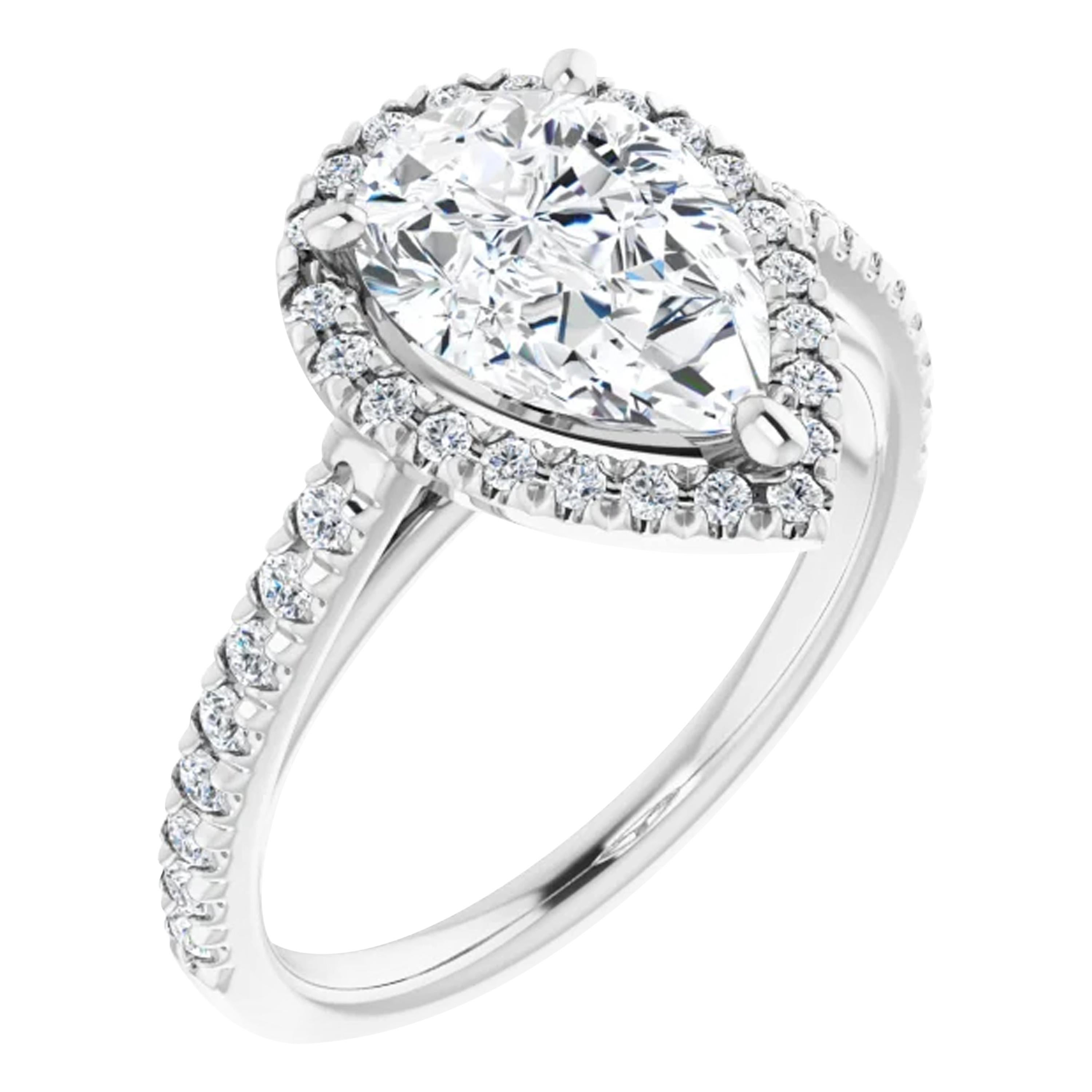 French Pave Halo Pear Shape Diamond Engagement Ring For Sale