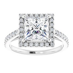 French Pave Halo Princess Diamond Engagement Ring