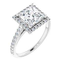 French Pave Halo Princess Diamond Engagement Ring