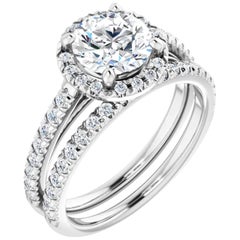French Pave Halo Round Diamond Engagement Wedding Ring Set