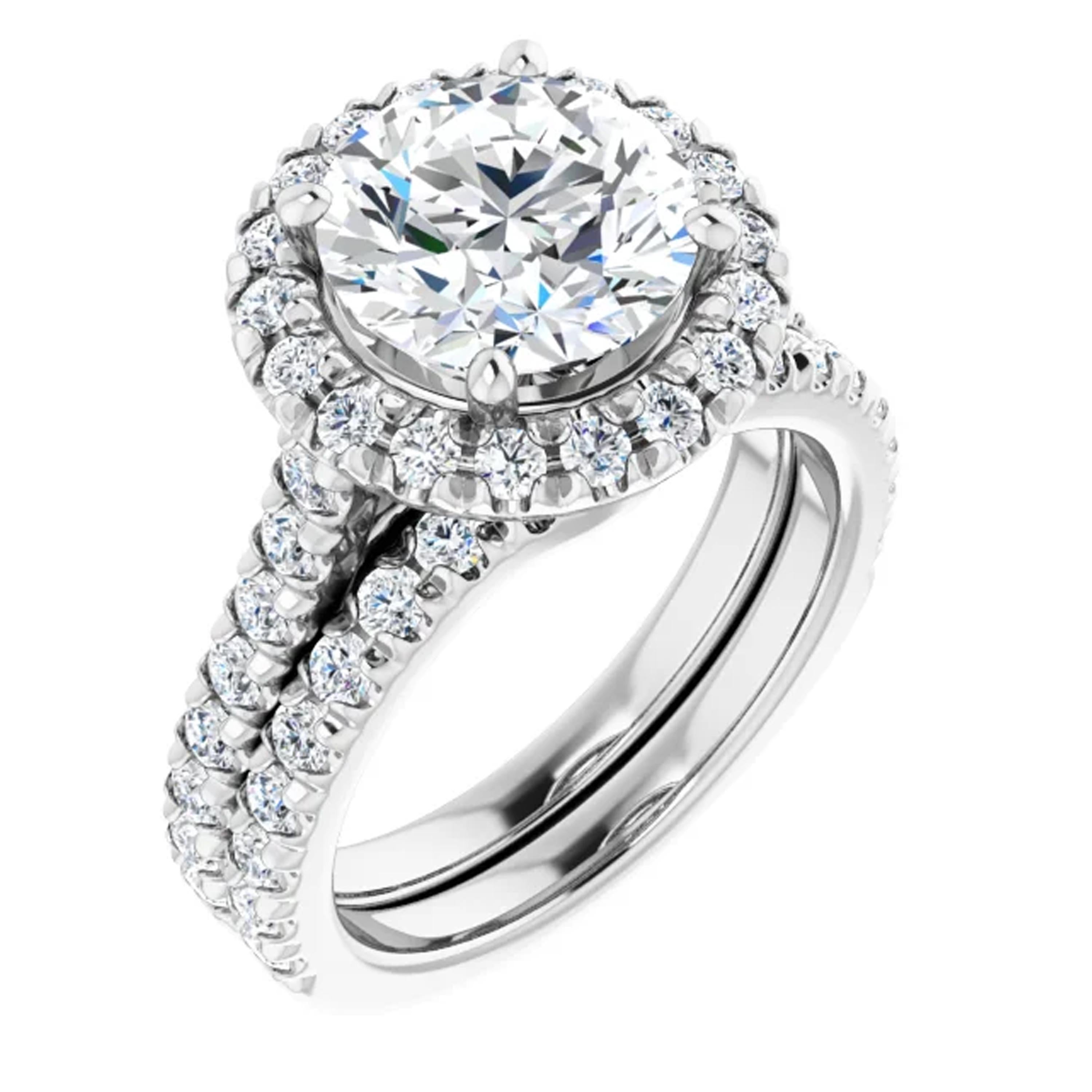 Contemporary French Pave Halo Style Diamond Accented Round GIA Certified Engagement Ring For Sale