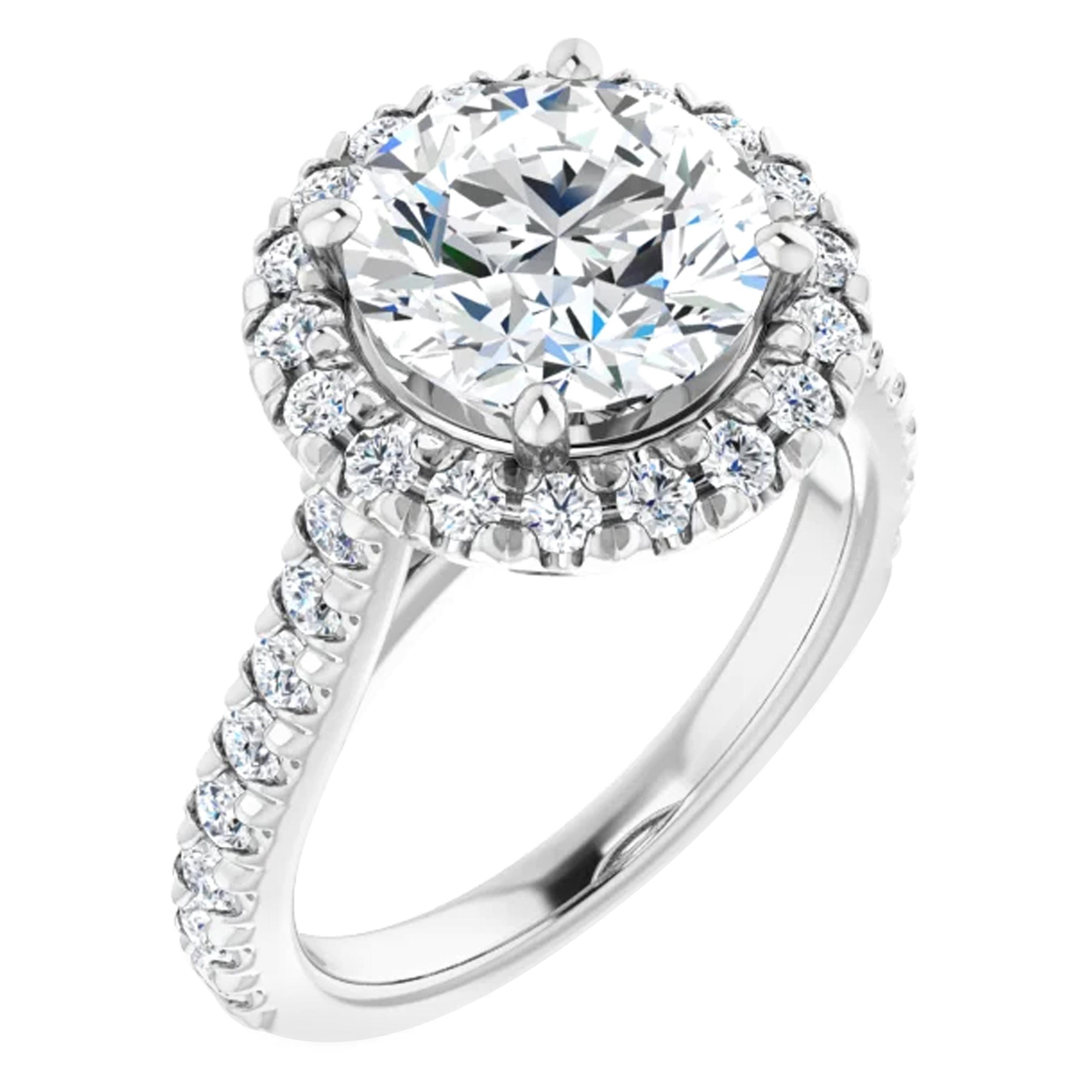 French Pave Halo Style Diamond Accented Round GIA Certified Engagement Ring For Sale