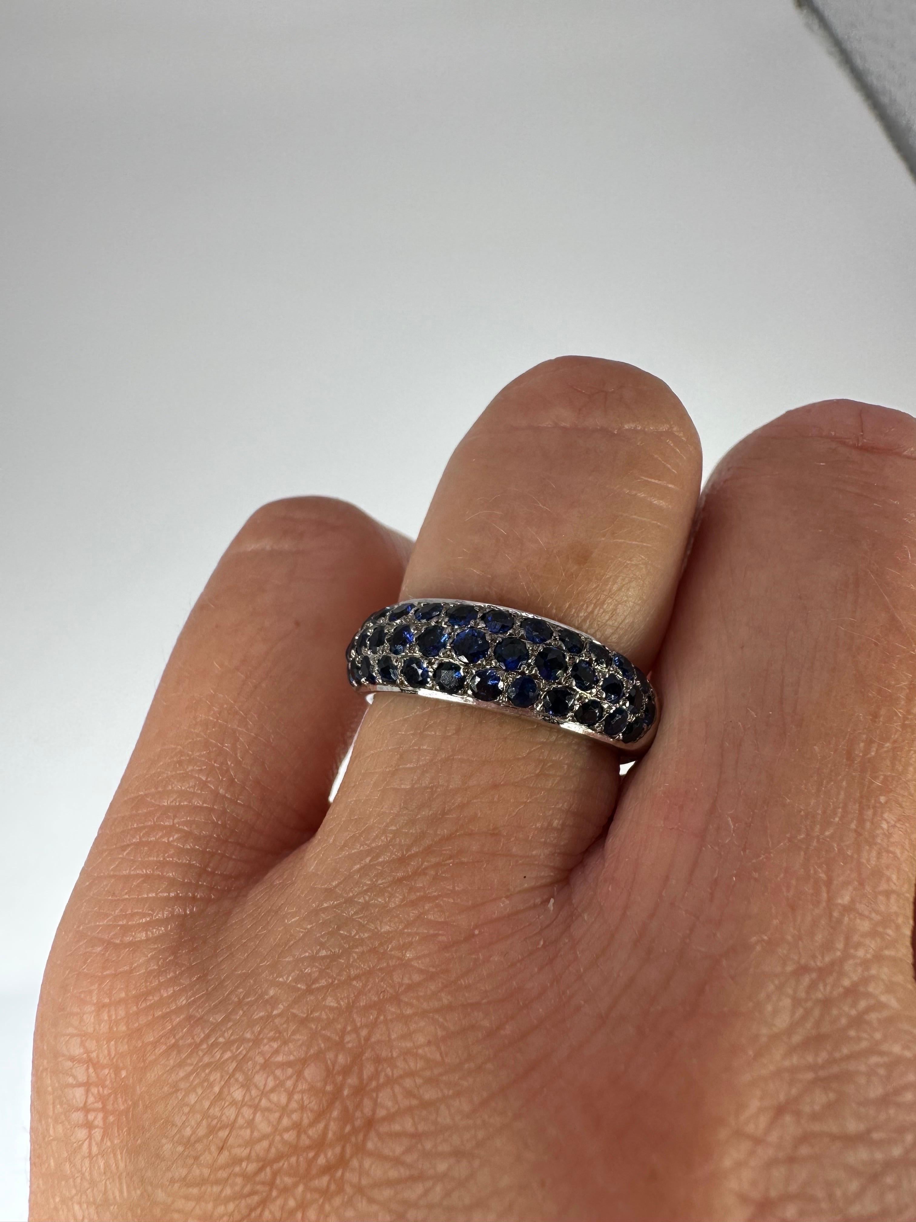 French Cut French Pave Ring 18 Karat Blue Sapphires Wedding Band Sapphire Ring Dome Ring For Sale