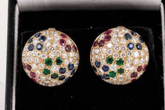 Earrings in 18 Karat Gold Pave Set Diamonds & Coloured Stones, French circa 1980