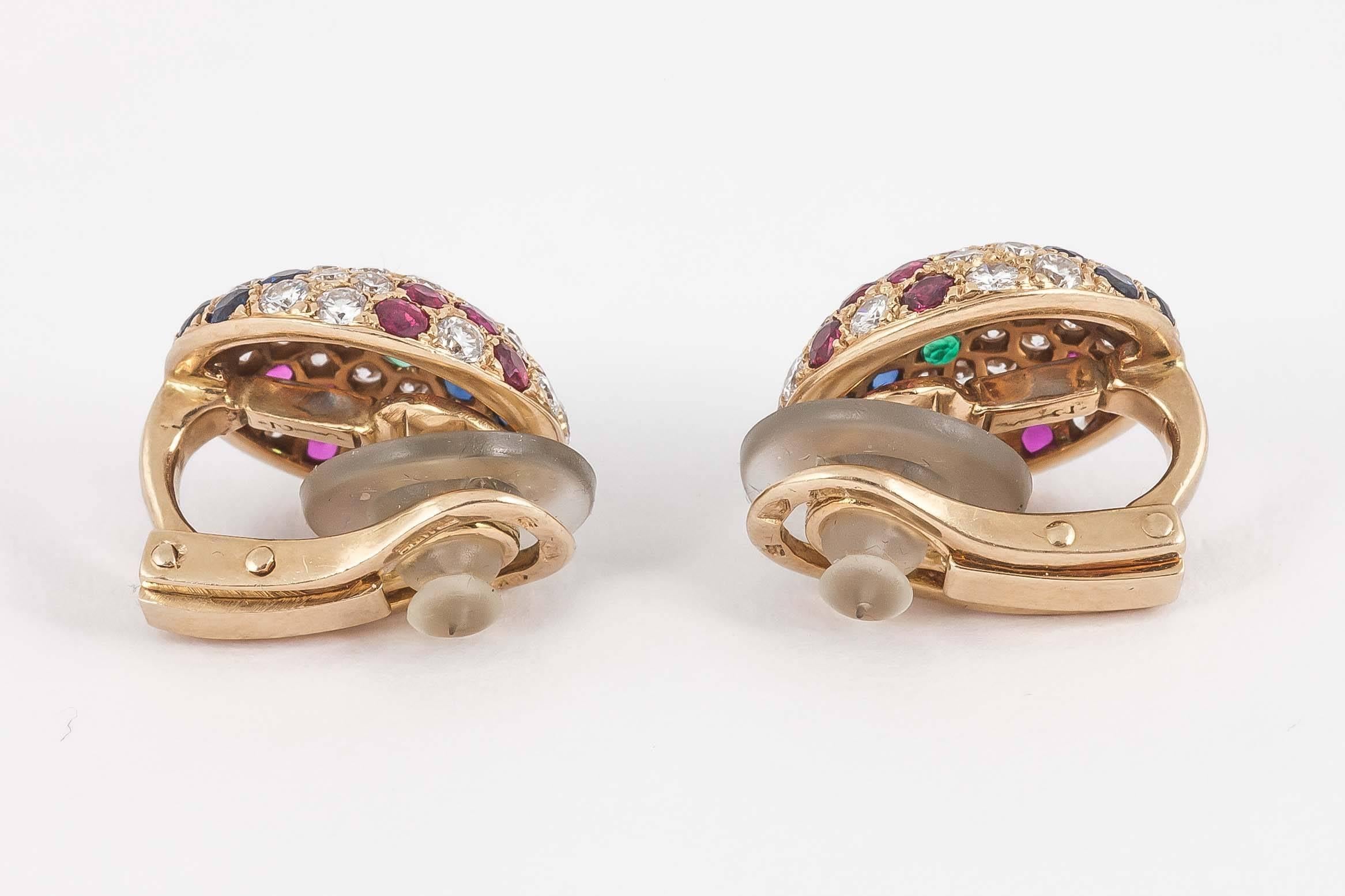 Round Cut Earrings in 18 Karat Gold Pave Set Diamonds & Coloured Stones, French circa 1980 For Sale