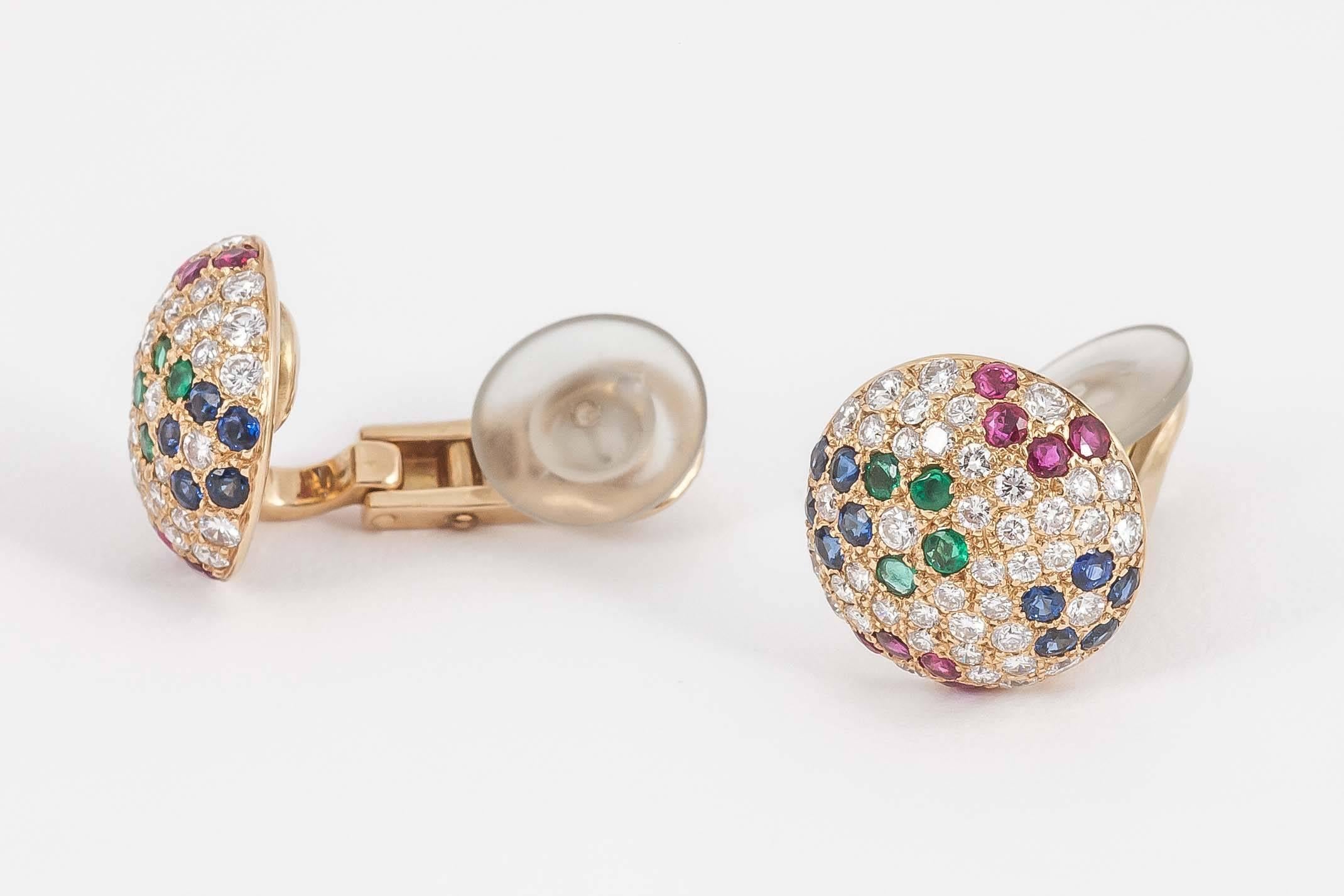 Women's Earrings in 18 Karat Gold Pave Set Diamonds & Coloured Stones, French circa 1980 For Sale