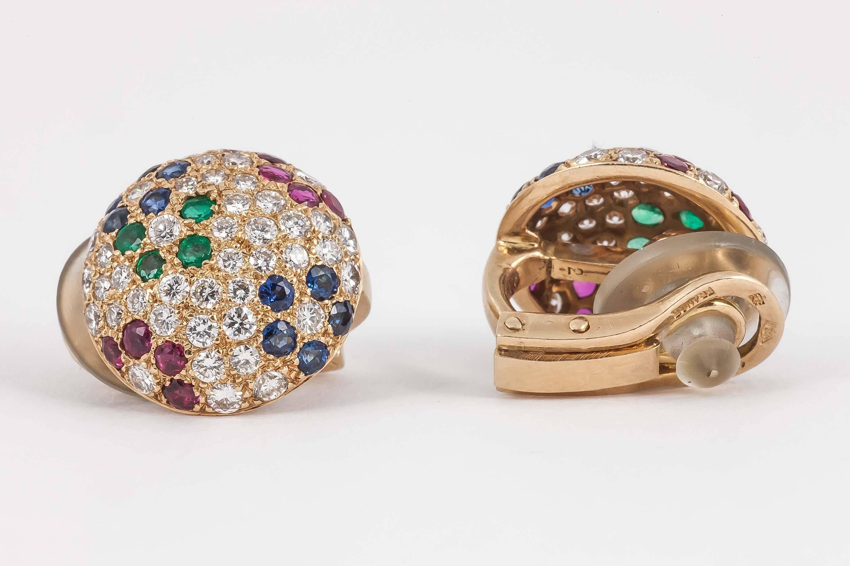 Earrings in 18 Karat Gold Pave Set Diamonds & Coloured Stones, French circa 1980 For Sale 1