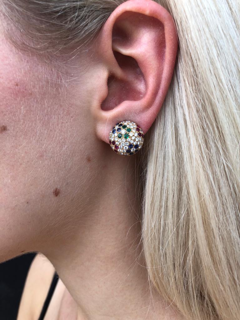 Earrings in 18 Karat Gold Pave Set Diamonds & Coloured Stones, French circa 1980 For Sale 2