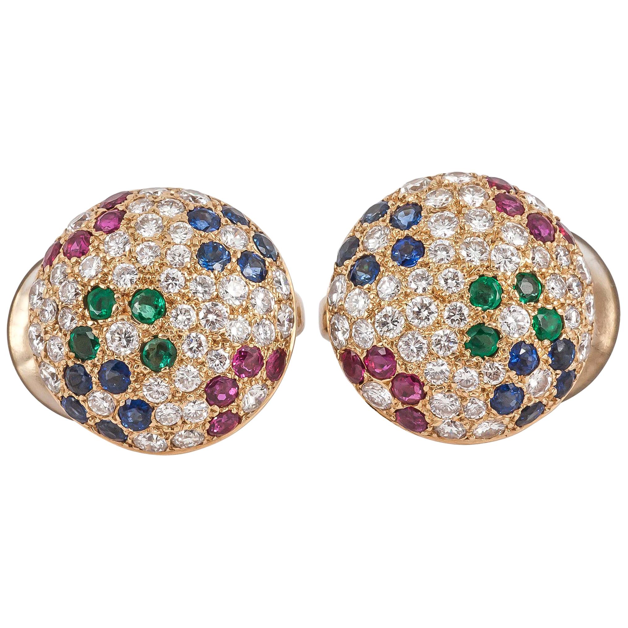 Earrings in 18 Karat Gold Pave Set Diamonds & Coloured Stones, French circa 1980 For Sale