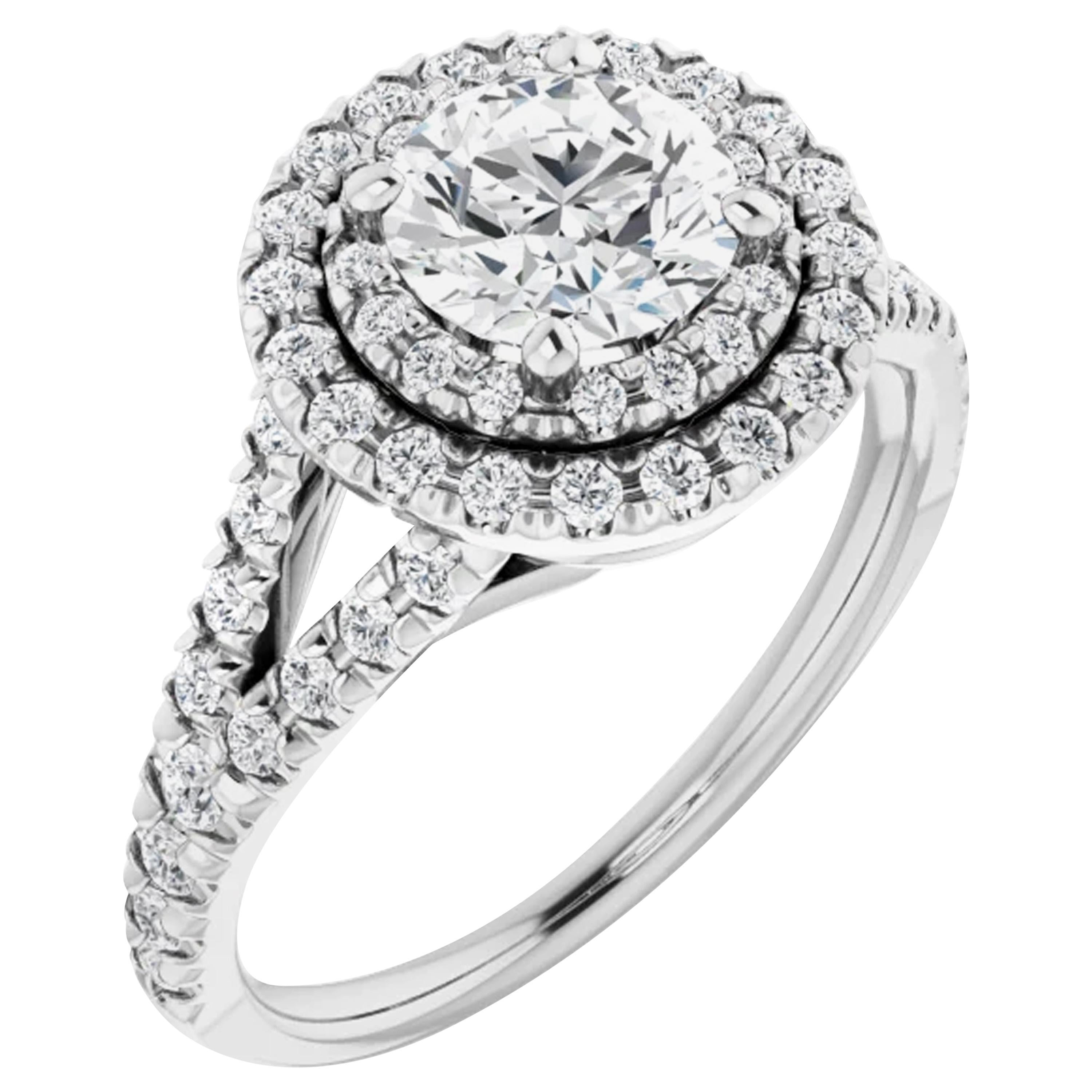French Pave Split Shank Halo Style Round Brilliant GIA Certified Engagement Ring For Sale