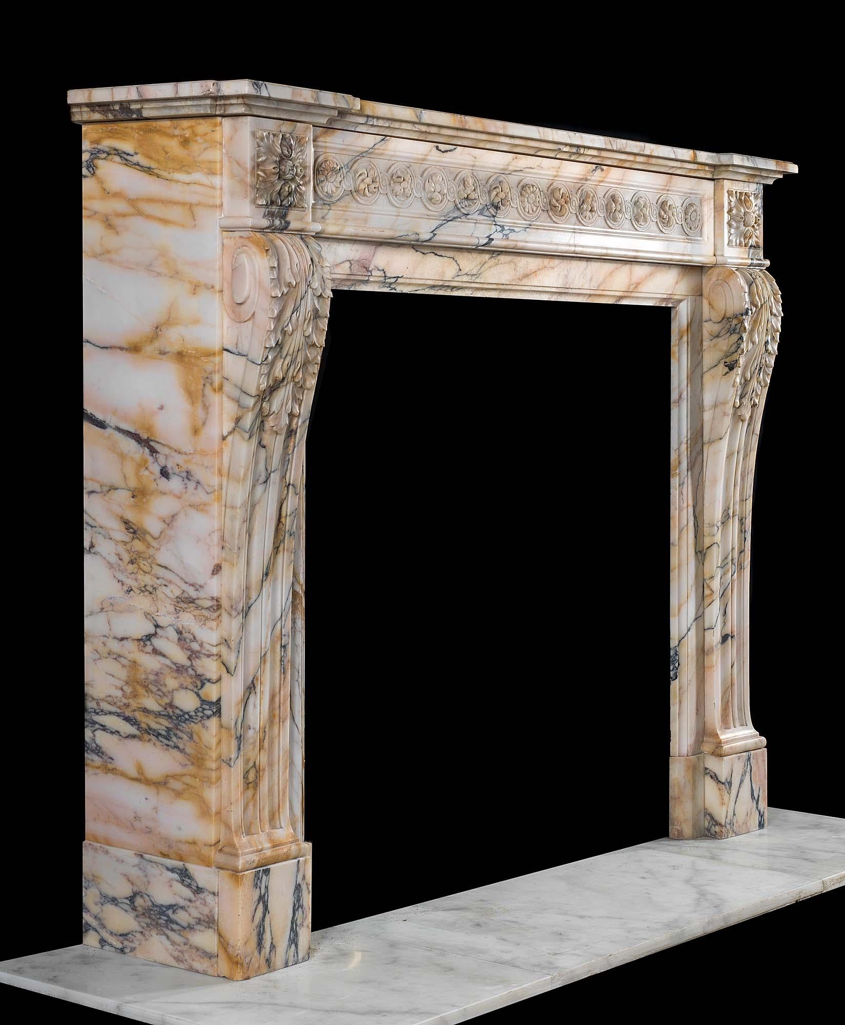 Hand-Carved French Pavonazzo Marble Louis XVI Fireplace