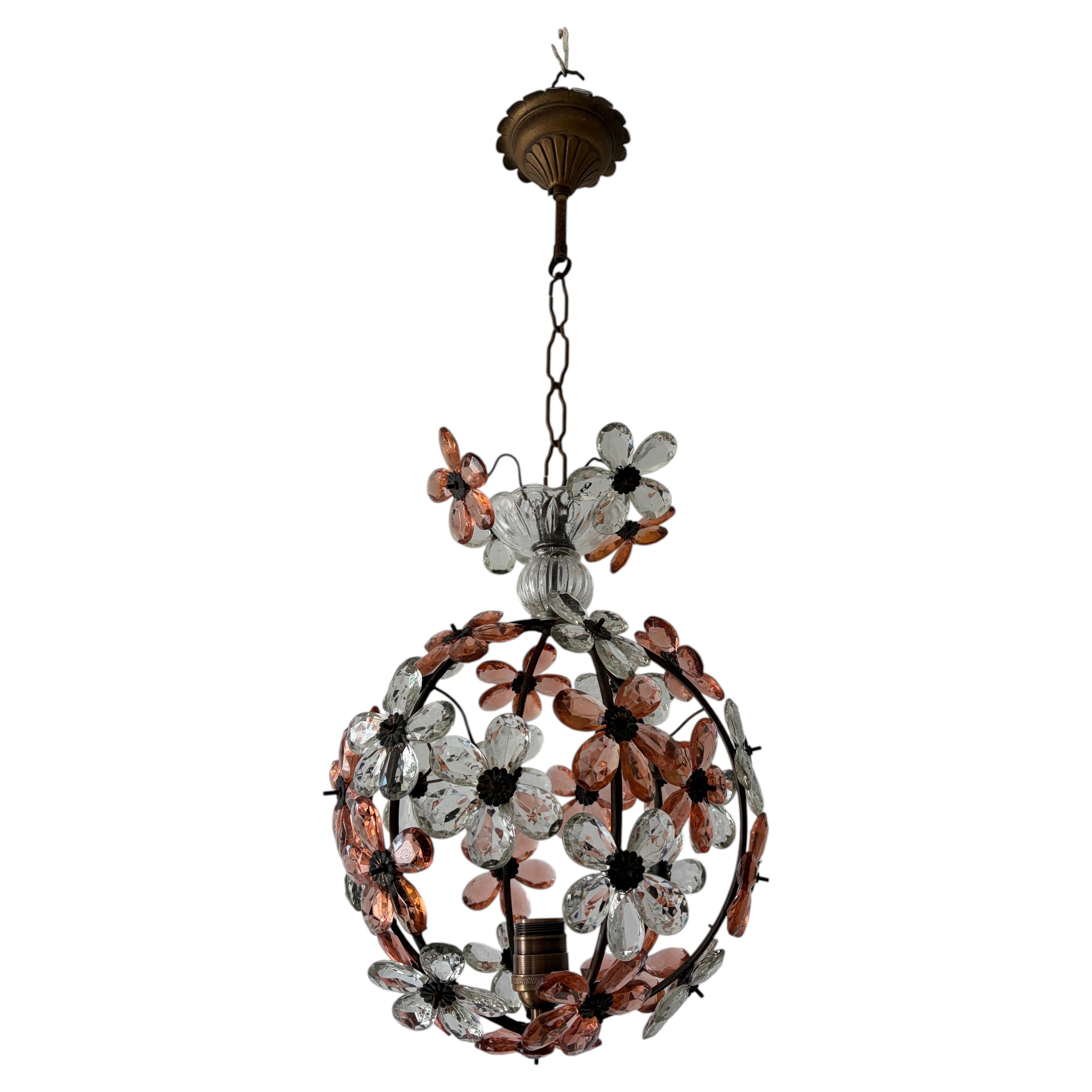 French Peach Flower Ball Crystal Prisms Maison Baguès Style Chandelier 1920s For Sale
