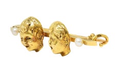French Pearl 18 Karat Yellow Gold Comedy Tragedy Vintage Unisex Bar Brooch