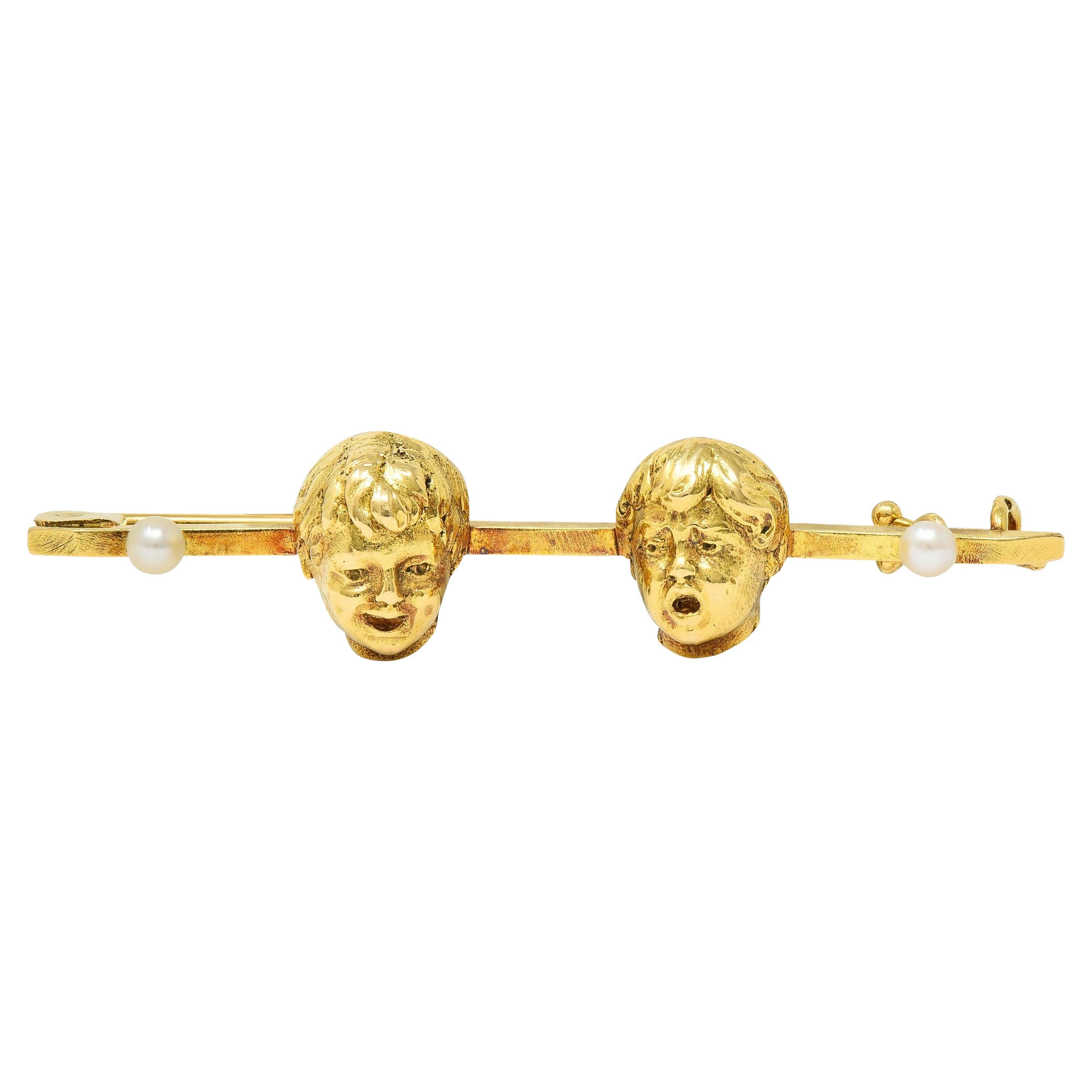 French Pearl 18 Karat Yellow Gold Comedy Tragedy Vintage Unisex Bar Brooch