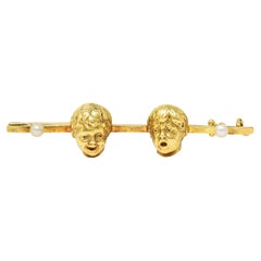 French Pearl 18 Karat Yellow Gold Comedy Tragedy Vintage Unisex Bar Brooch