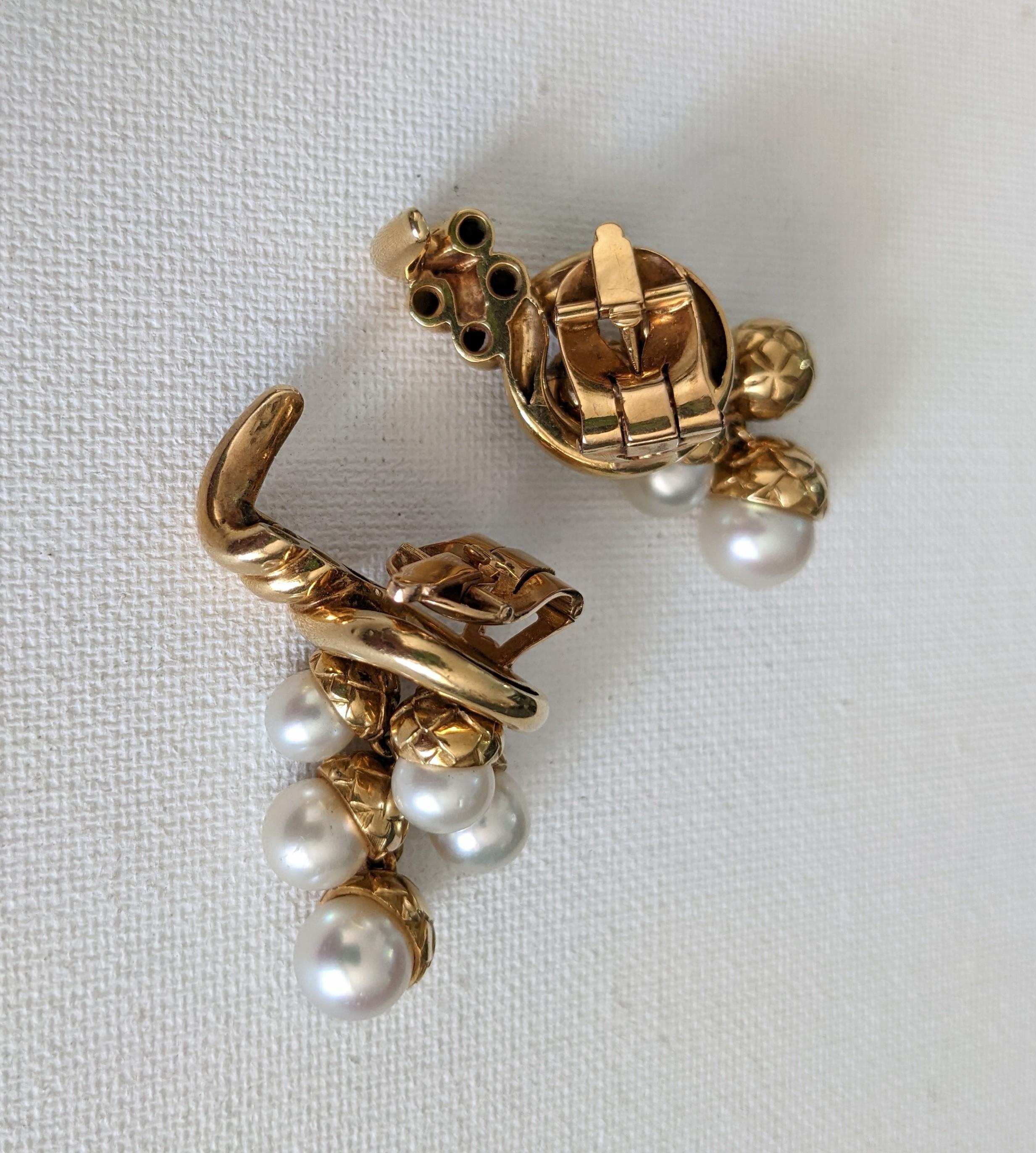 Art Deco French Pearl Acorn Cornucopia Earrings, attrib. Boivin For Sale