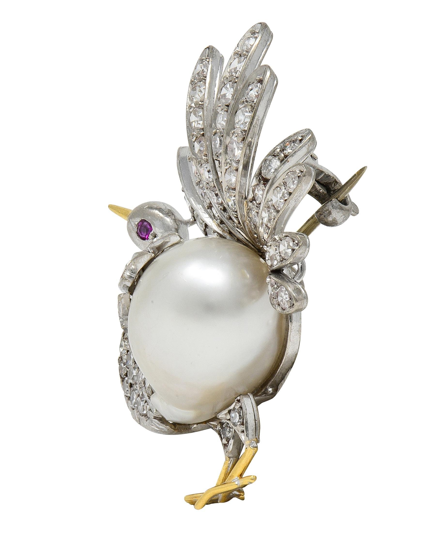 Rough Cut French Pearl Diamond 18 Karat Two-Tone Gold Vintage Turkey Brooch For Sale