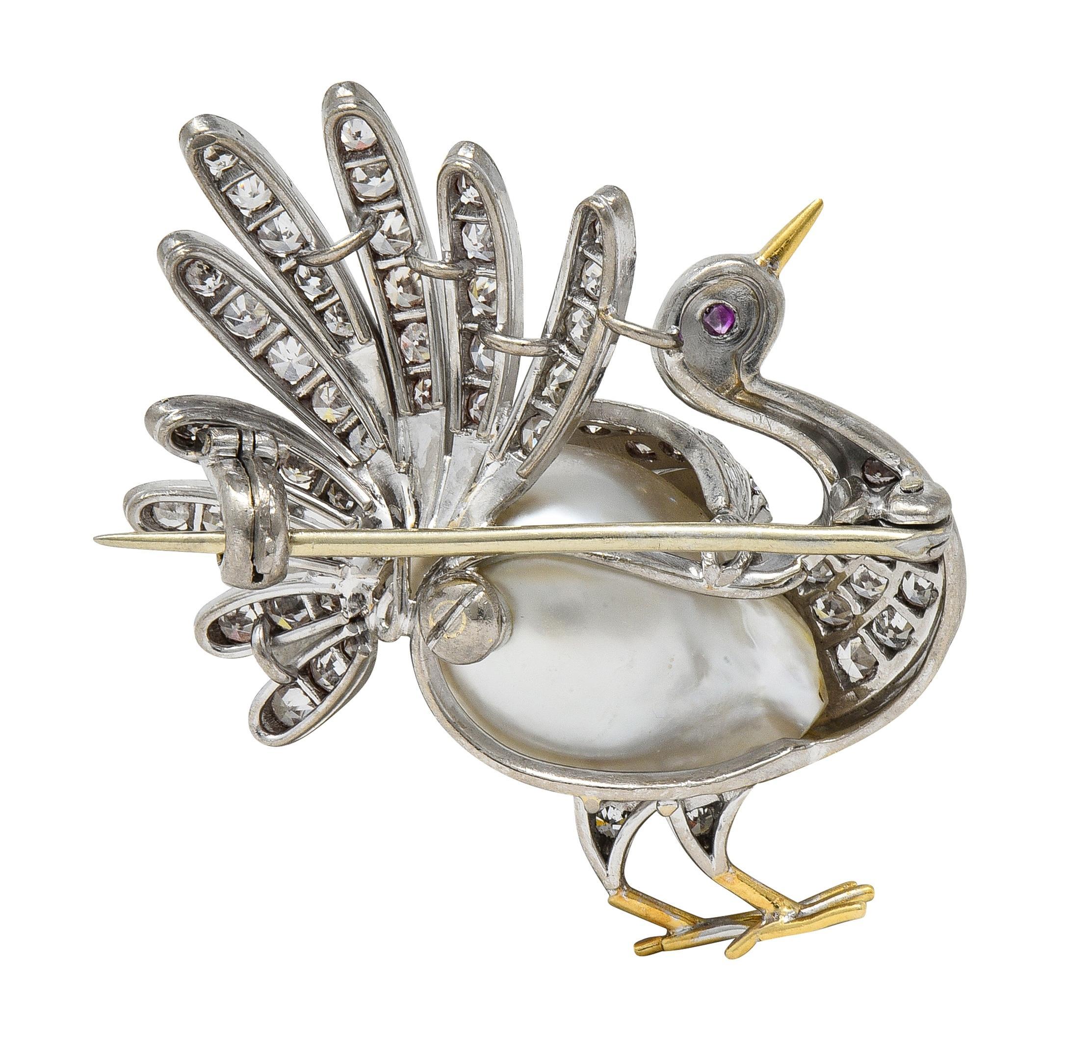 French Pearl Diamond 18 Karat Two-Tone Gold Vintage Turkey Brooch In Excellent Condition For Sale In Philadelphia, PA