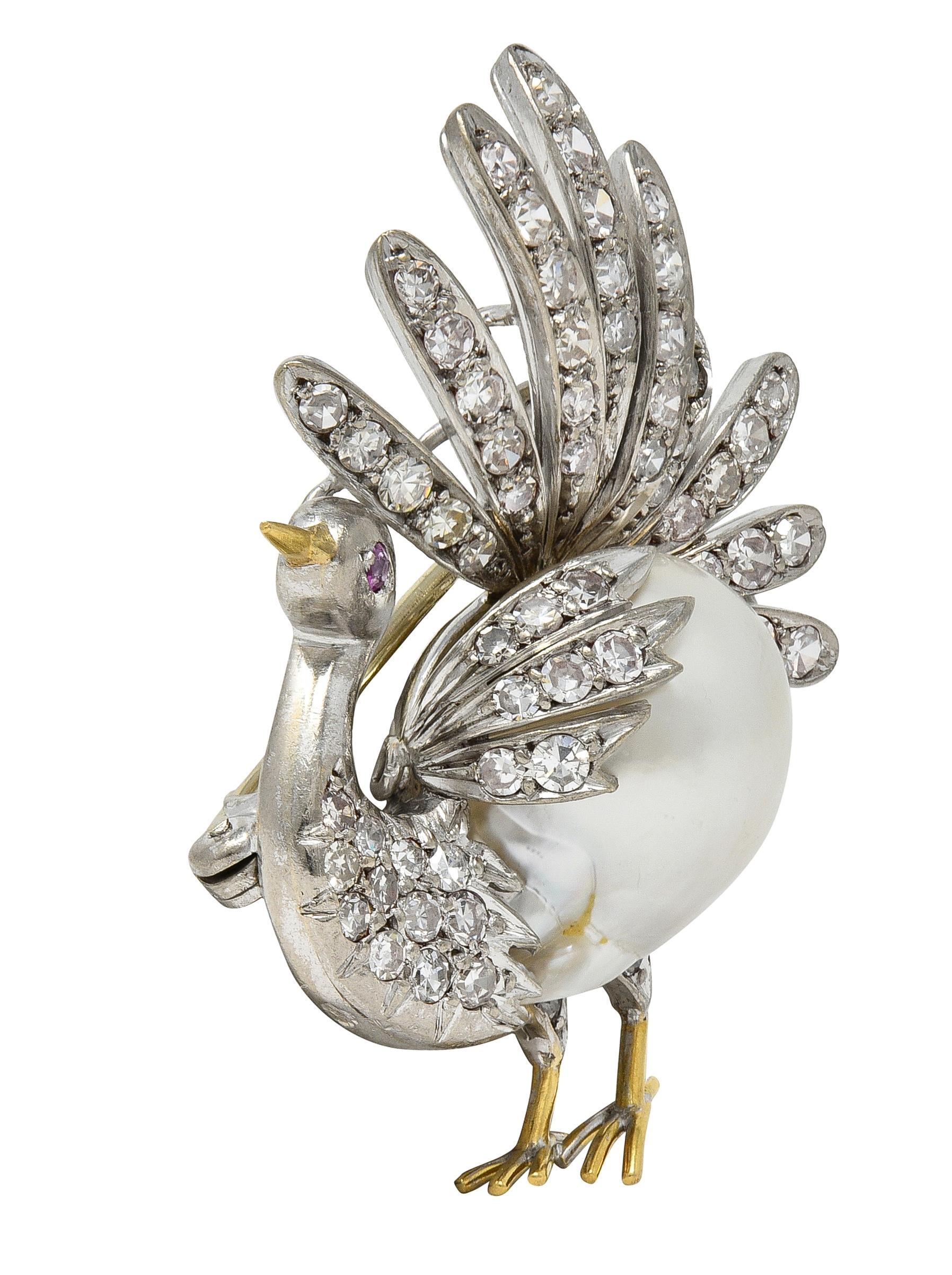 Women's or Men's French Pearl Diamond 18 Karat Two-Tone Gold Vintage Turkey Brooch For Sale