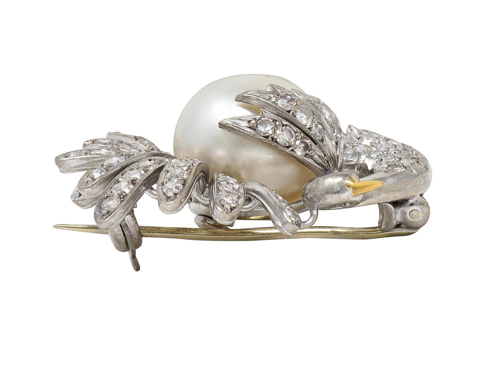 French Pearl Diamond 18 Karat Two-Tone Gold Vintage Turkey Brooch For Sale 1