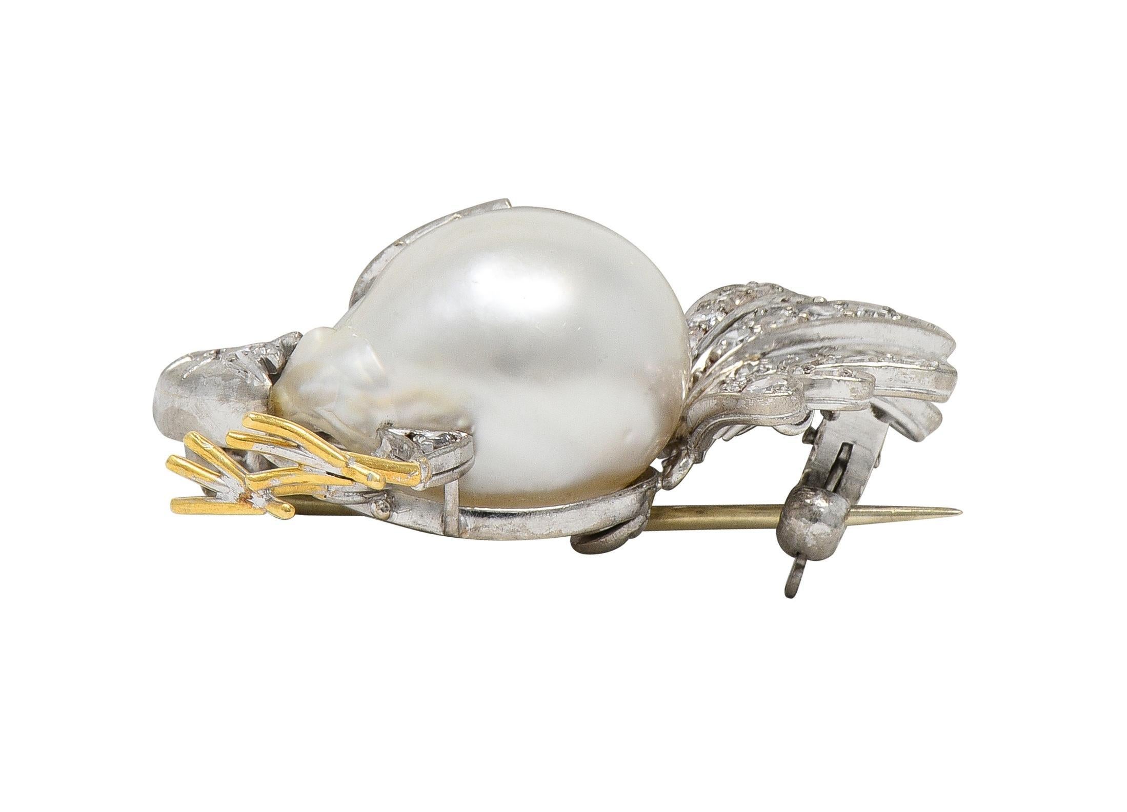 French Pearl Diamond 18 Karat Two-Tone Gold Vintage Turkey Brooch For Sale 2