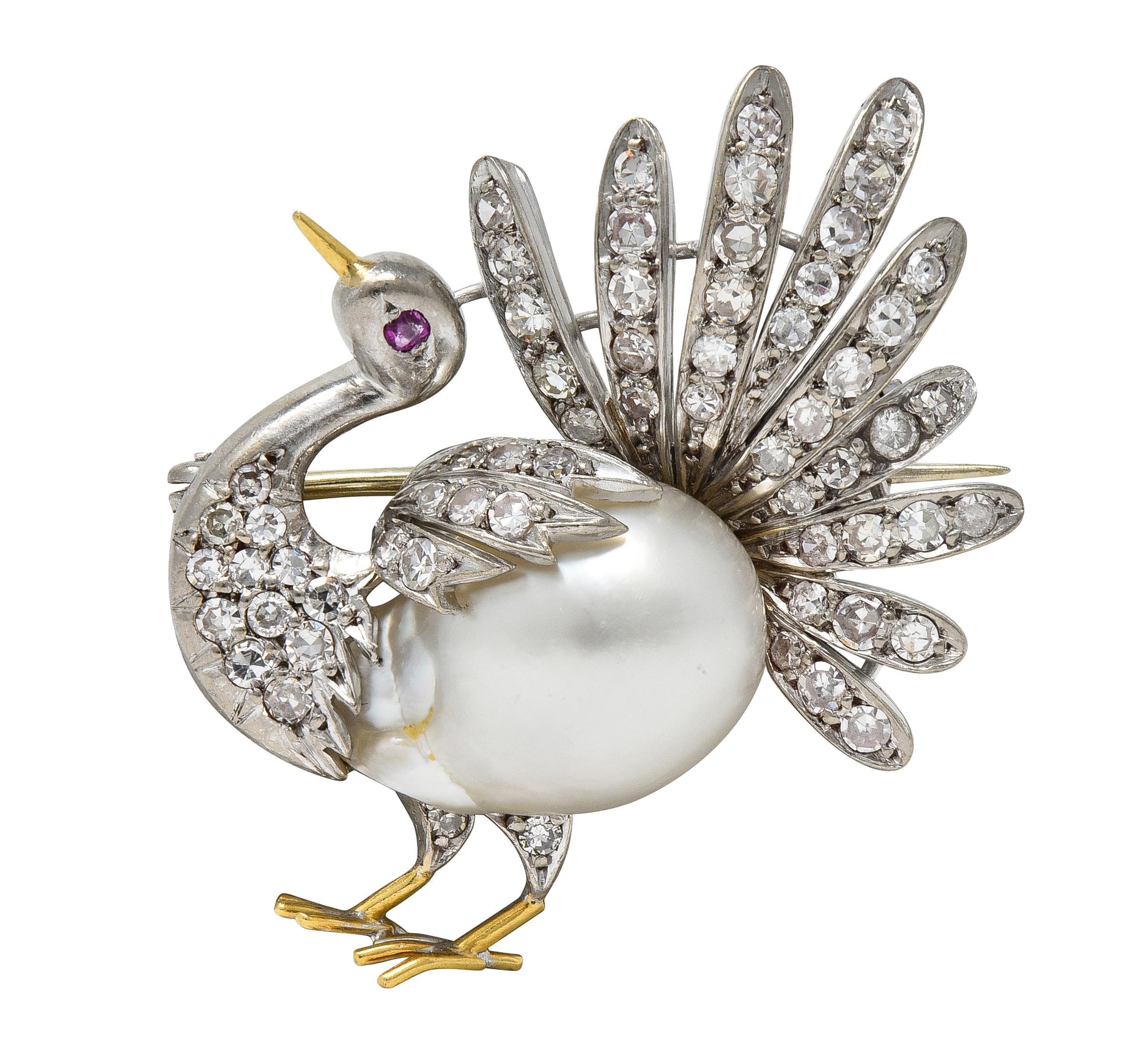 French Pearl Diamond 18 Karat Two-Tone Gold Vintage Turkey Brooch For Sale 3