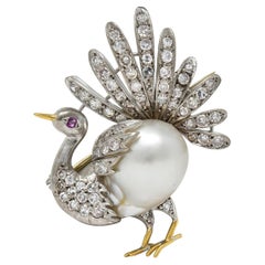 French Pearl Diamond 18 Karat Two-Tone Gold Vintage Turkey Brooch