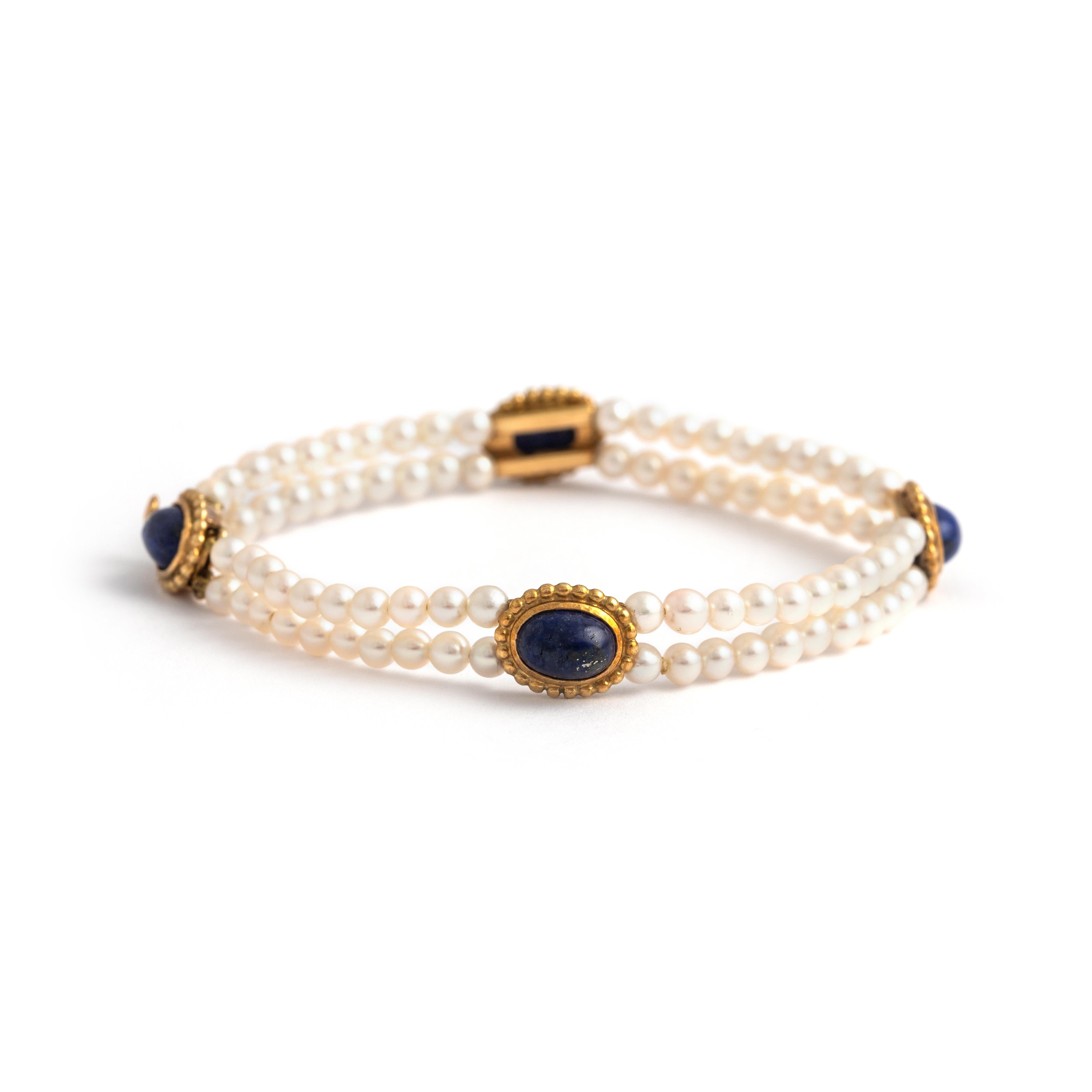Women's or Men's French Pearl Lapis Lazuli Bracelet Late 20th Century