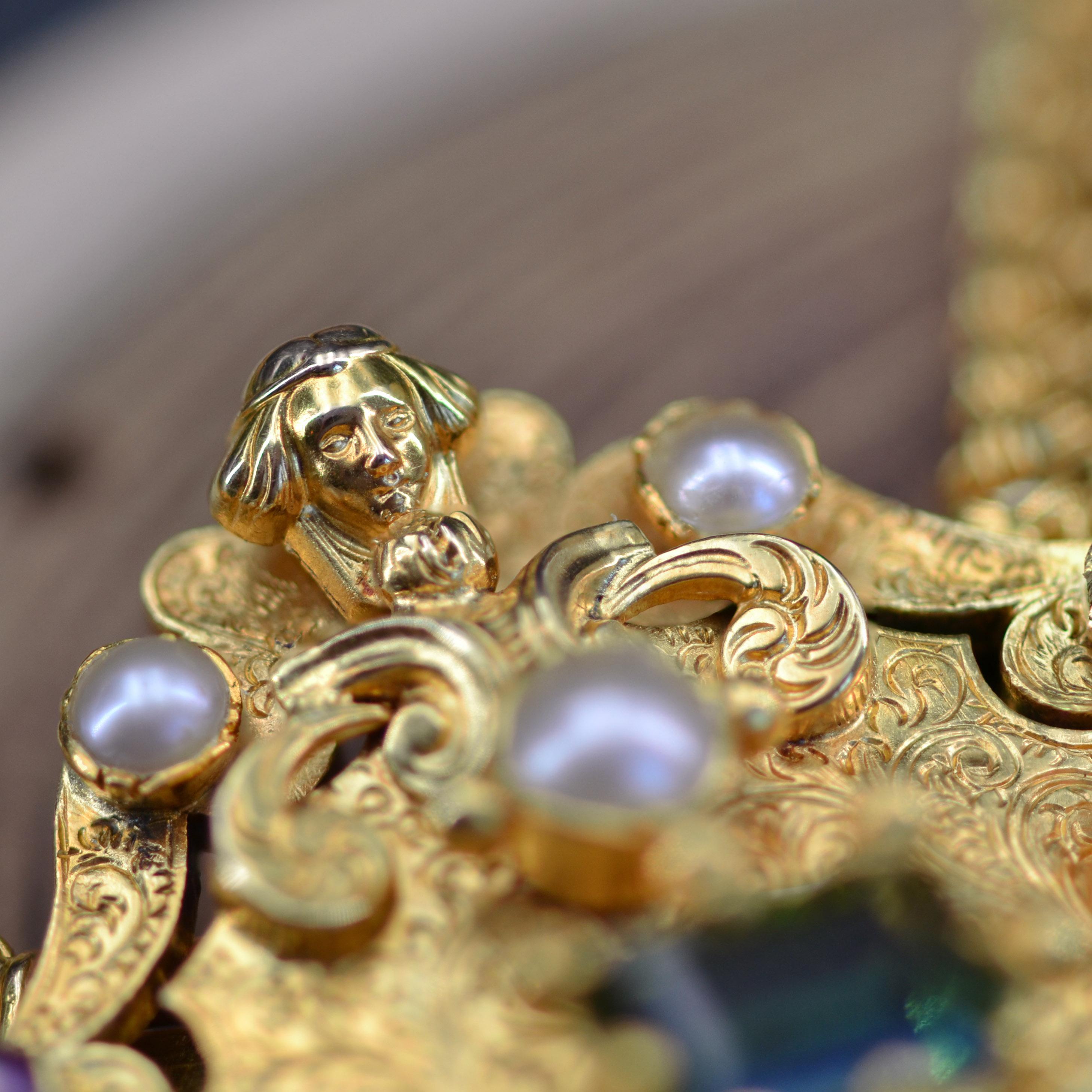 Franzsische Perle Rubin Turmalin 18K Gelbgold Verwandelbare antike Halskette im Angebot 5