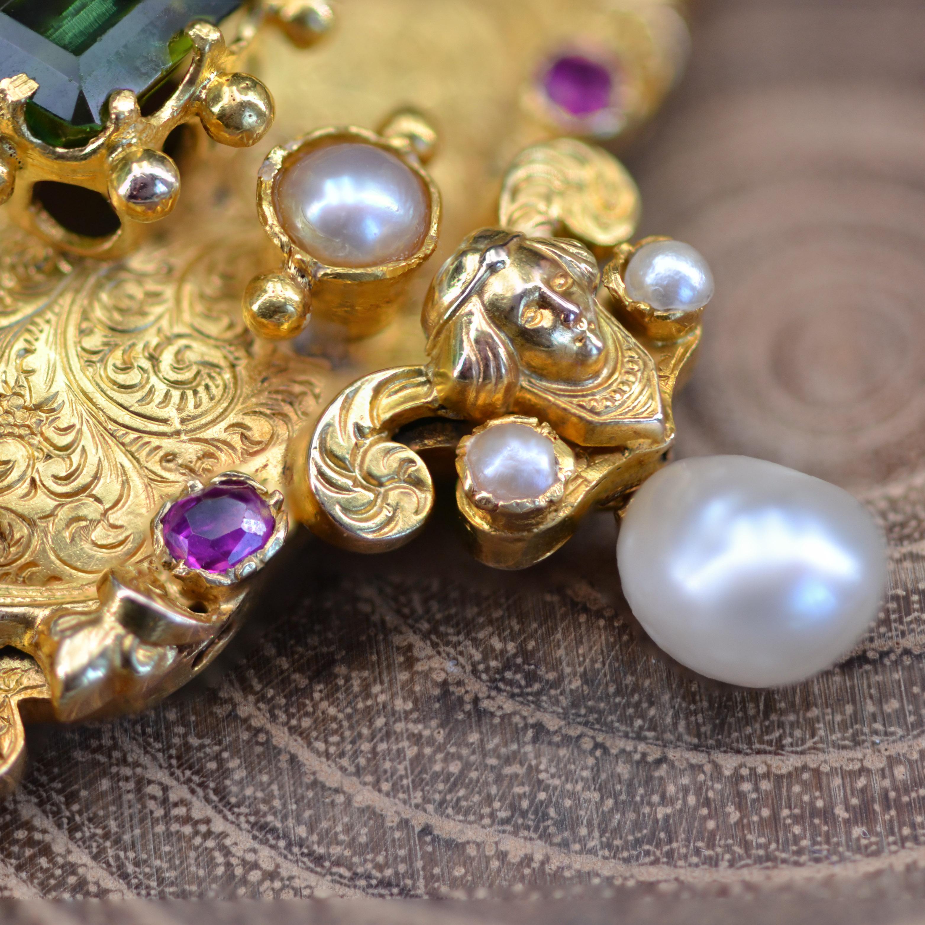 Franzsische Perle Rubin Turmalin 18K Gelbgold Verwandelbare antike Halskette im Angebot 6