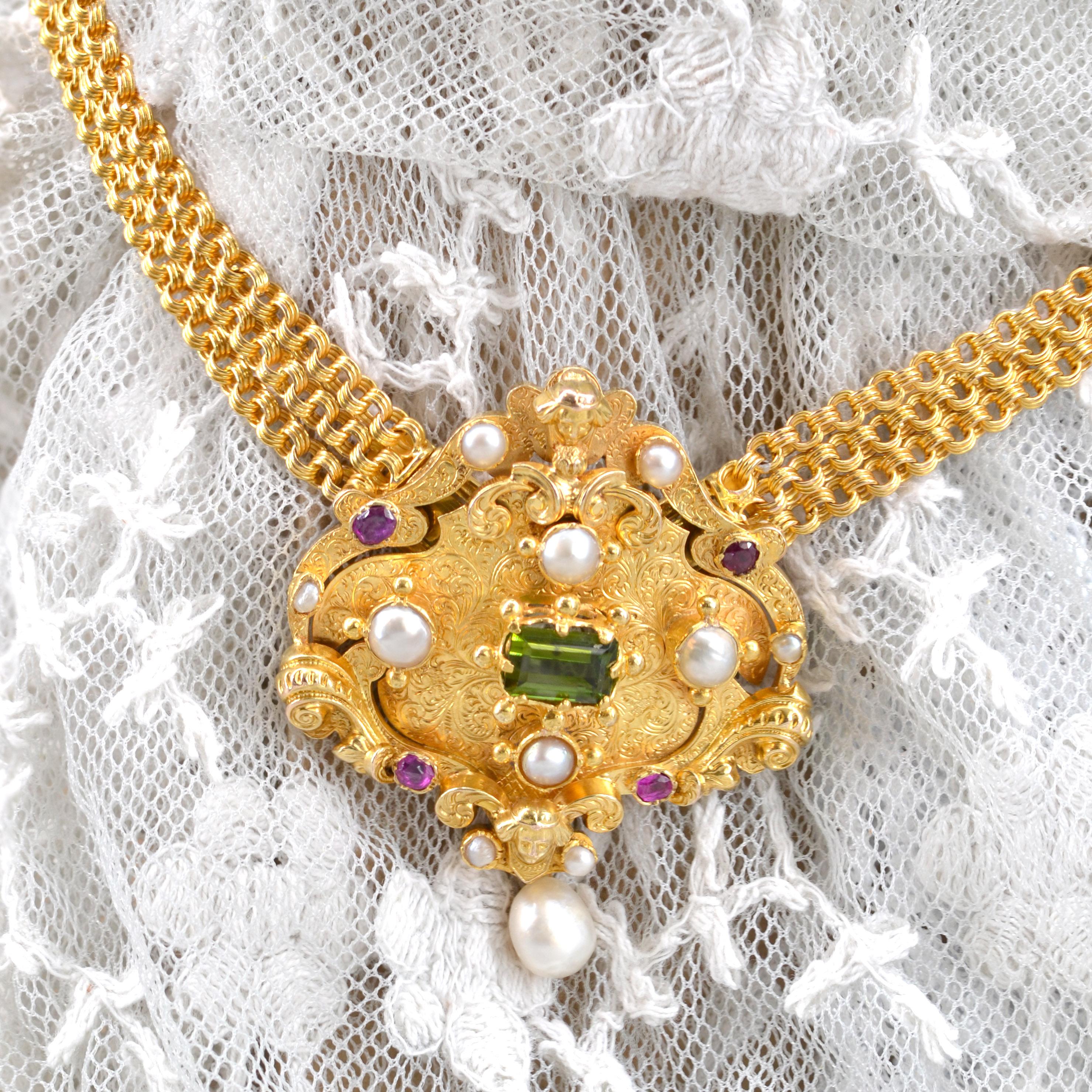 Franzsische Perle Rubin Turmalin 18K Gelbgold Verwandelbare antike Halskette im Angebot 7