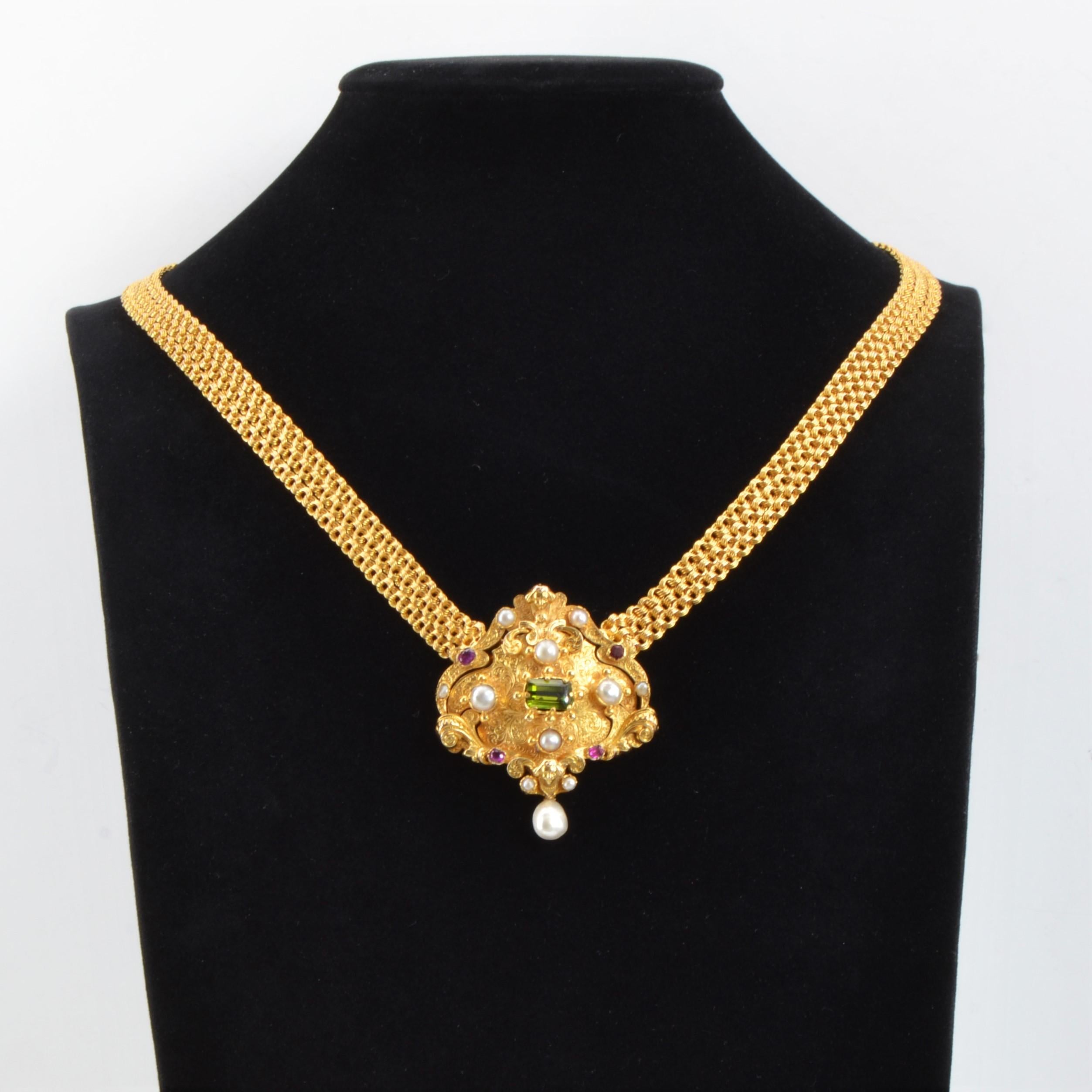 Franzsische Perle Rubin Turmalin 18K Gelbgold Verwandelbare antike Halskette im Angebot 9