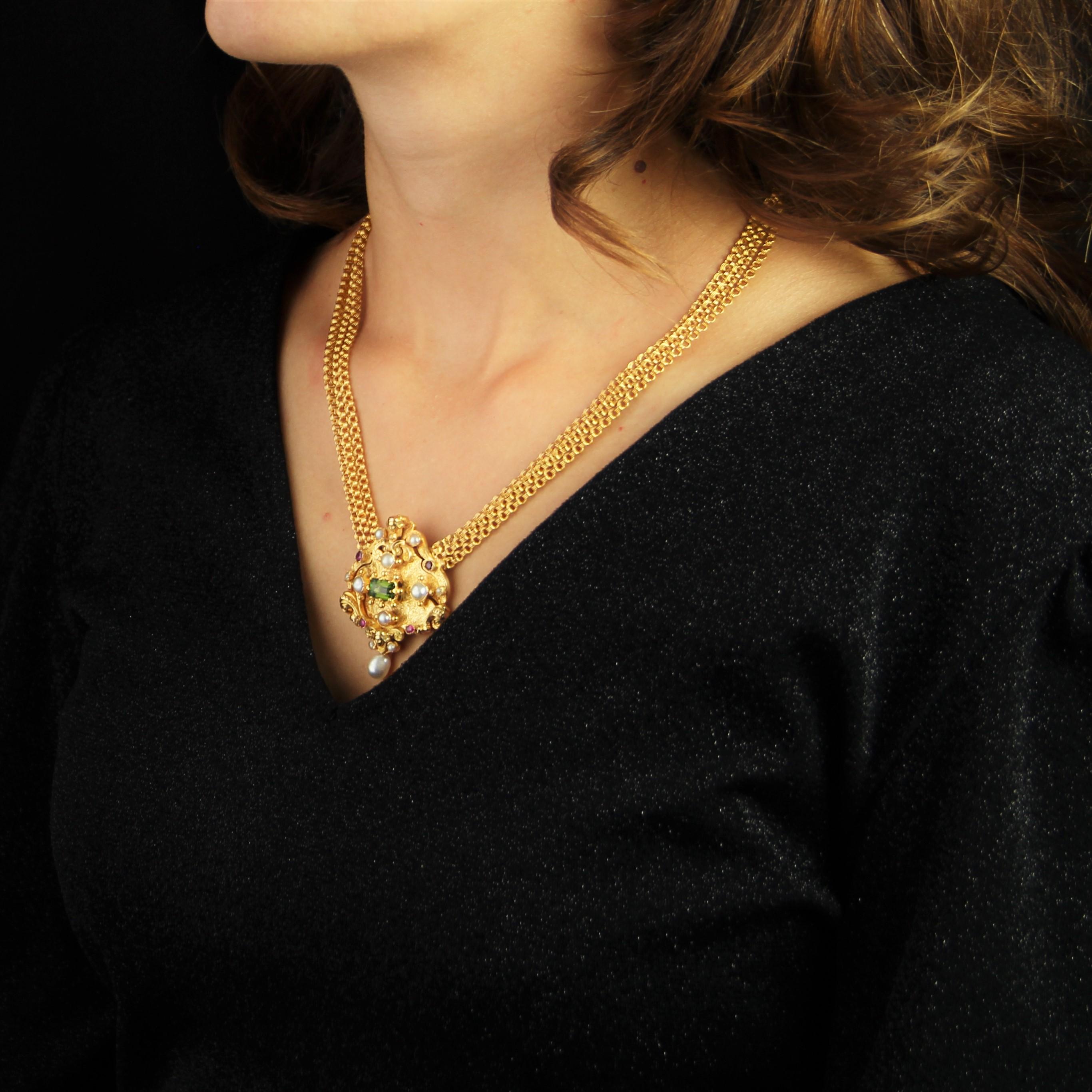 Franzsische Perle Rubin Turmalin 18K Gelbgold Verwandelbare antike Halskette im Angebot 12