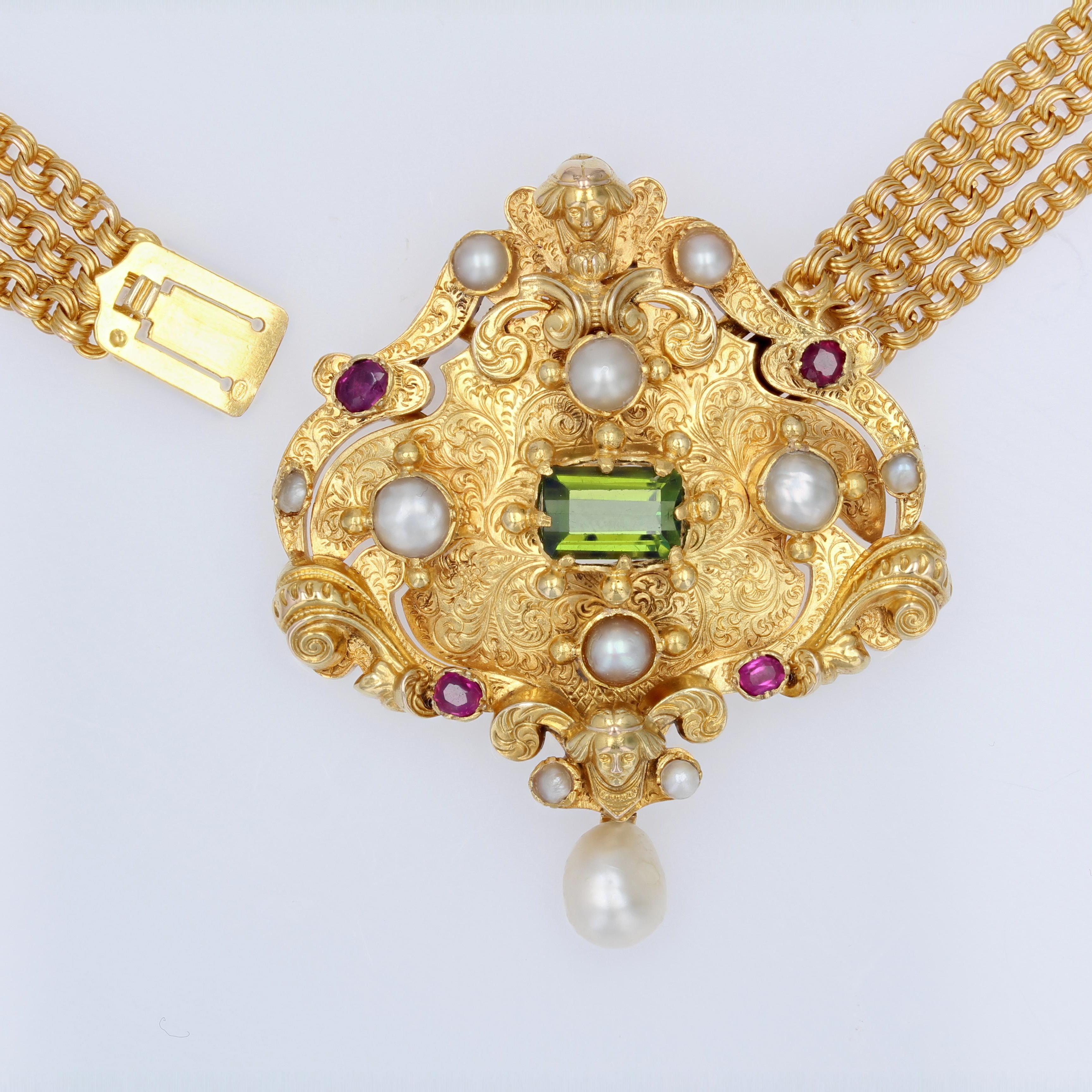 Franzsische Perle Rubin Turmalin 18K Gelbgold Verwandelbare antike Halskette im Angebot 13