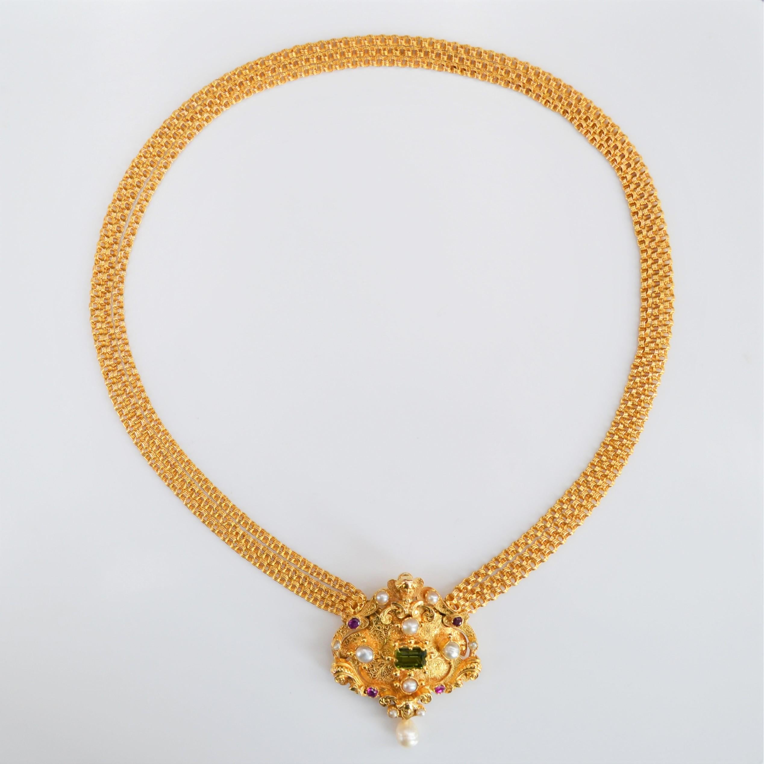 Franzsische Perle Rubin Turmalin 18K Gelbgold Verwandelbare antike Halskette (Retro) im Angebot