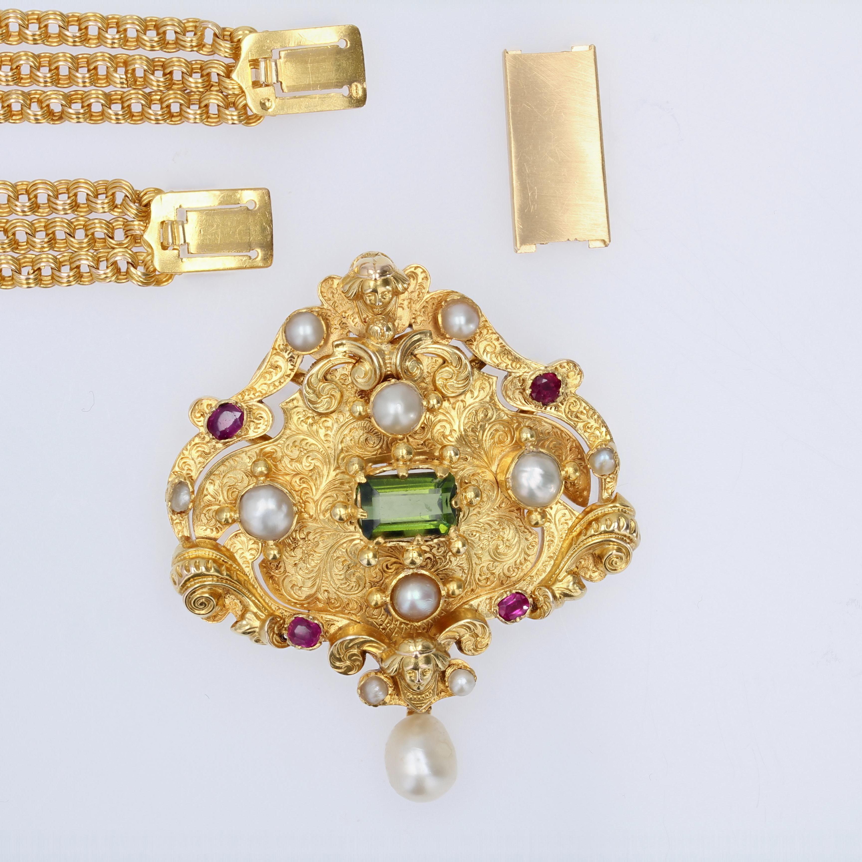 Franzsische Perle Rubin Turmalin 18K Gelbgold Verwandelbare antike Halskette im Zustand „Gut“ im Angebot in Poitiers, FR