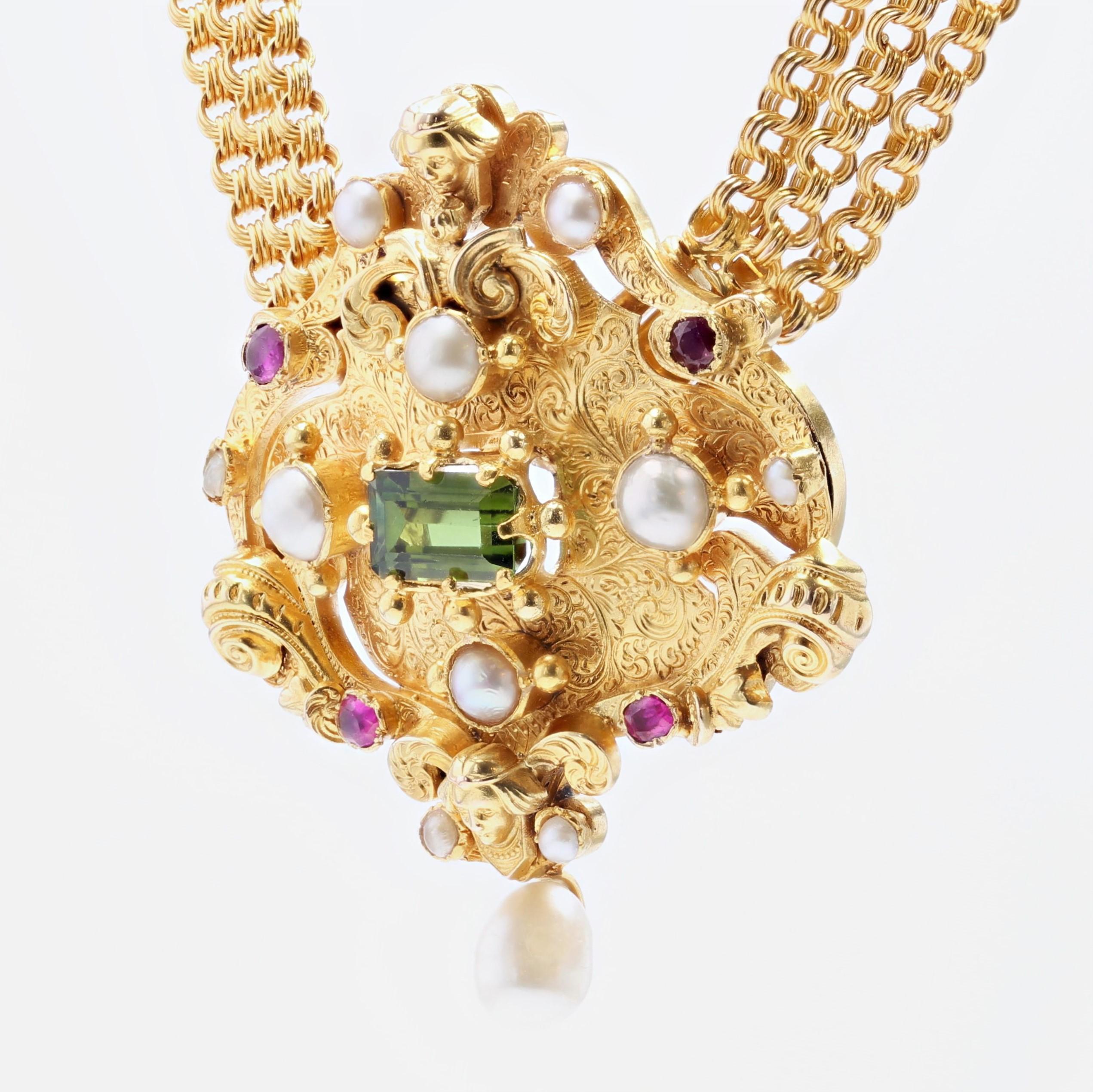 Franzsische Perle Rubin Turmalin 18K Gelbgold Verwandelbare antike Halskette im Angebot 1