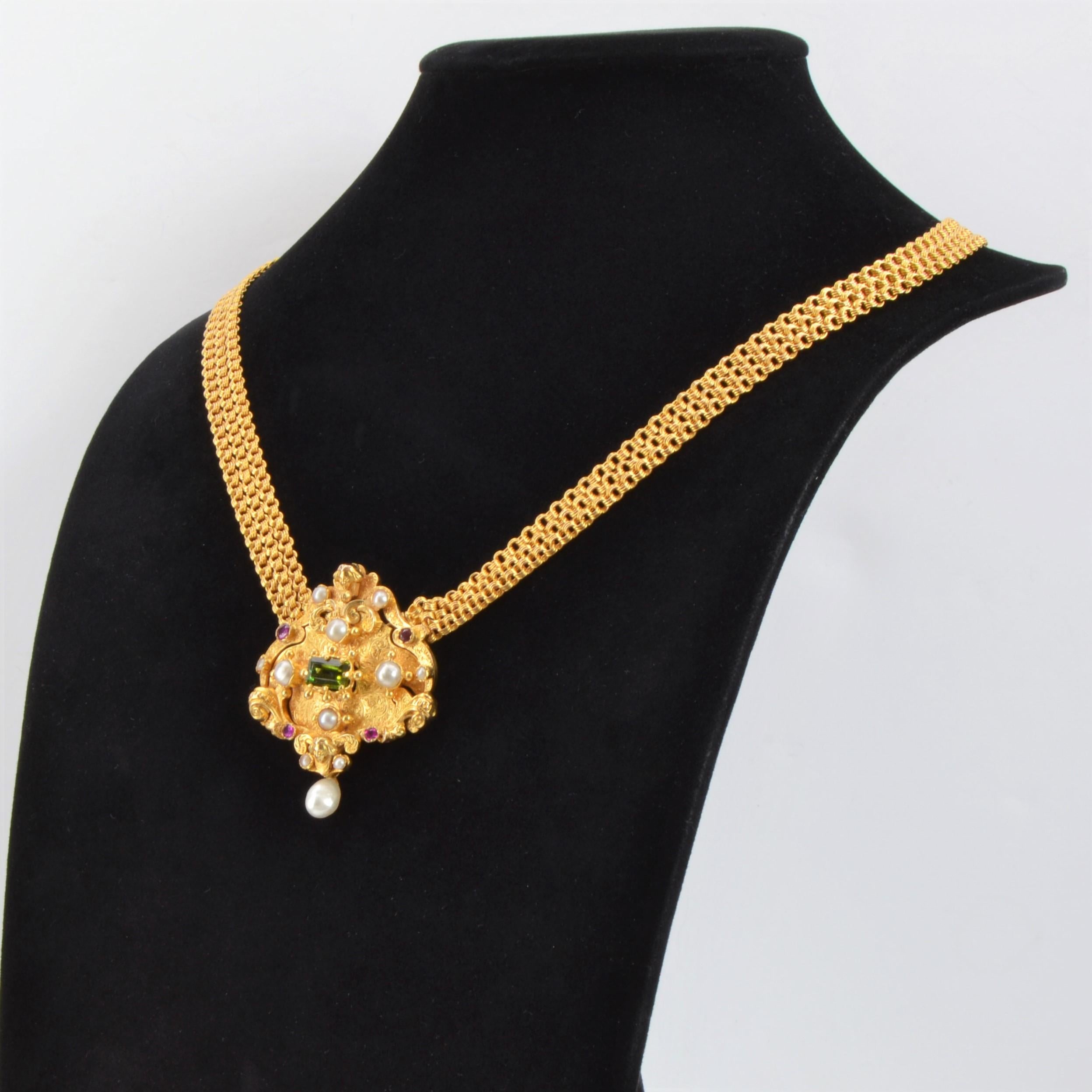 Franzsische Perle Rubin Turmalin 18K Gelbgold Verwandelbare antike Halskette im Angebot 2