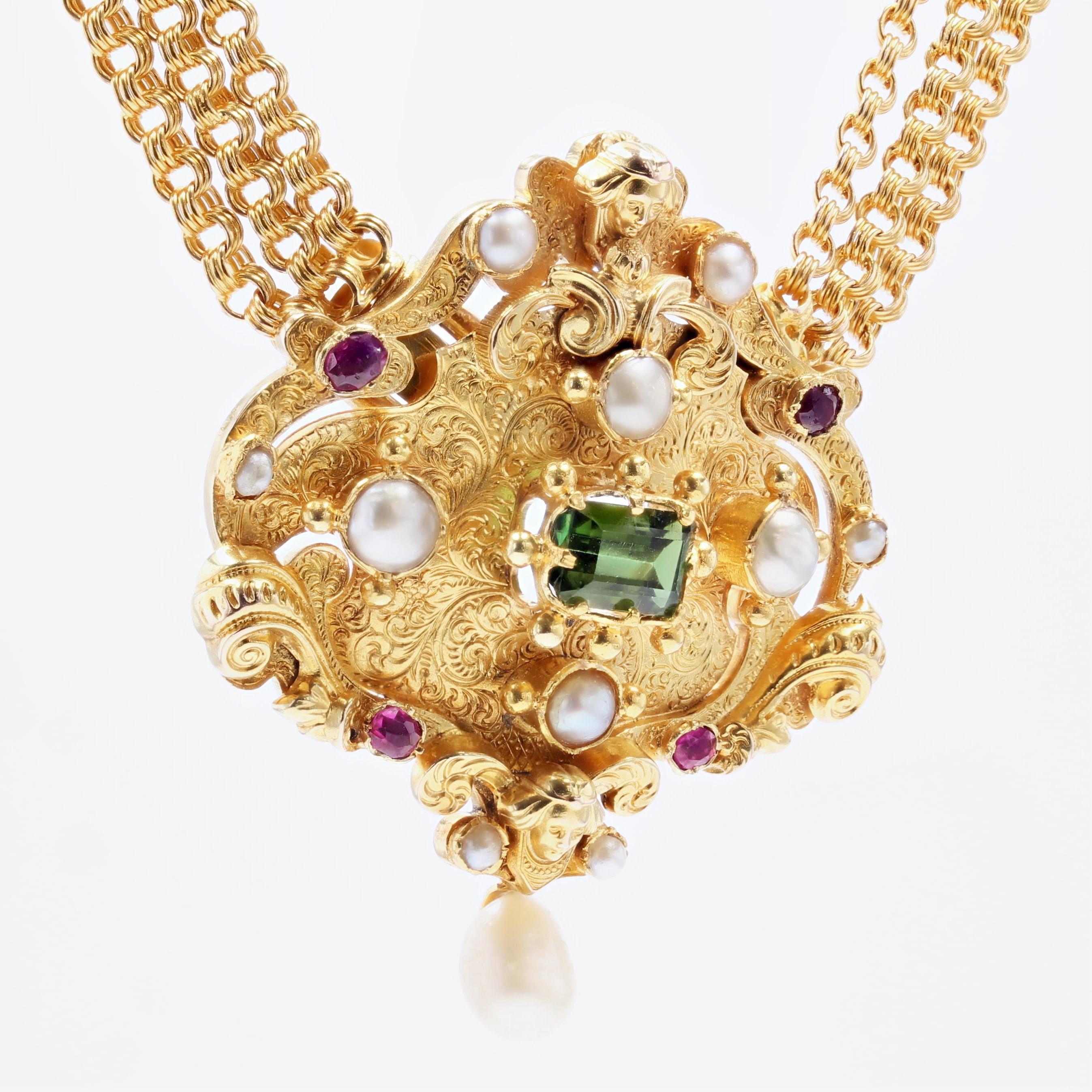 Franzsische Perle Rubin Turmalin 18K Gelbgold Verwandelbare antike Halskette im Angebot 3