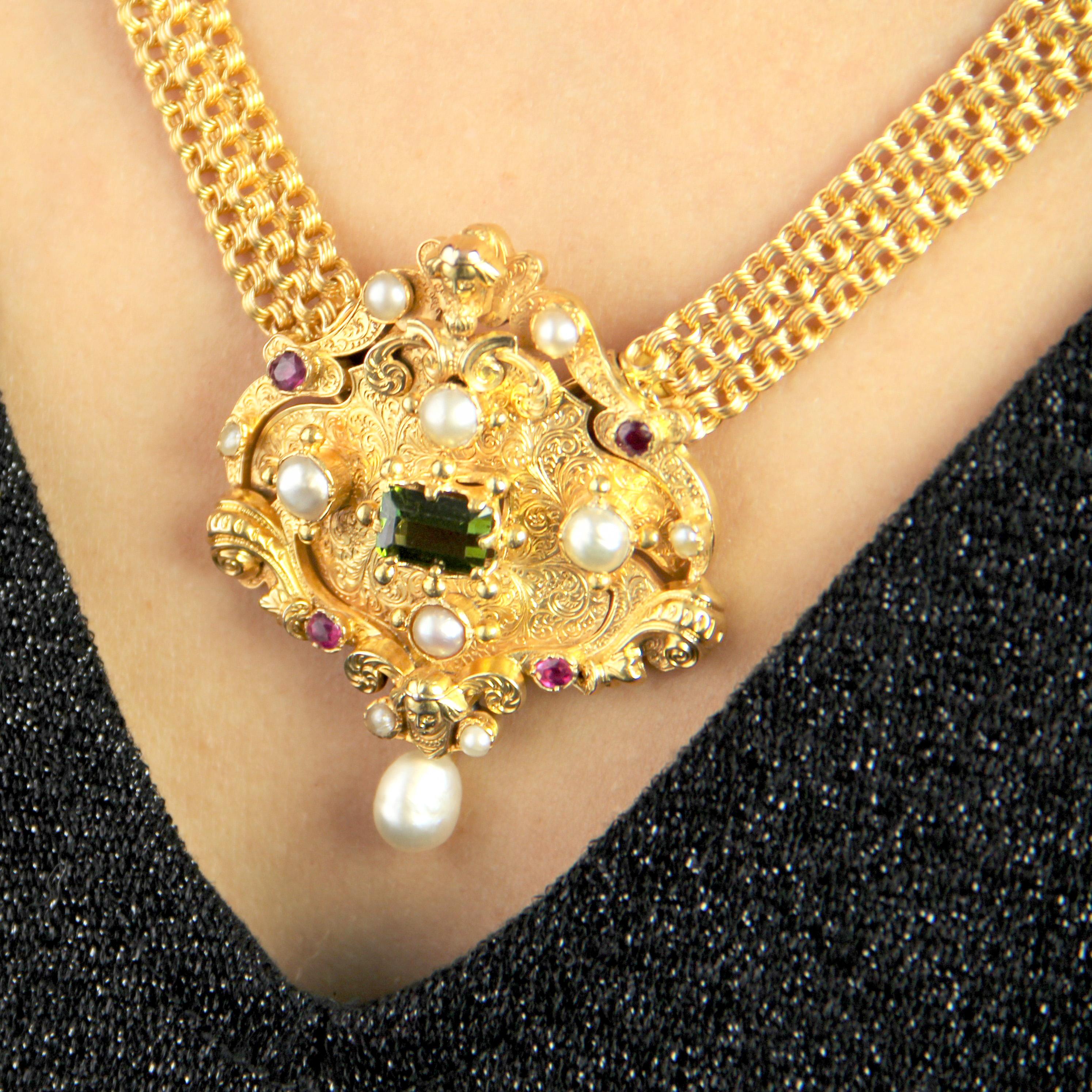 Franzsische Perle Rubin Turmalin 18K Gelbgold Verwandelbare antike Halskette im Angebot 4