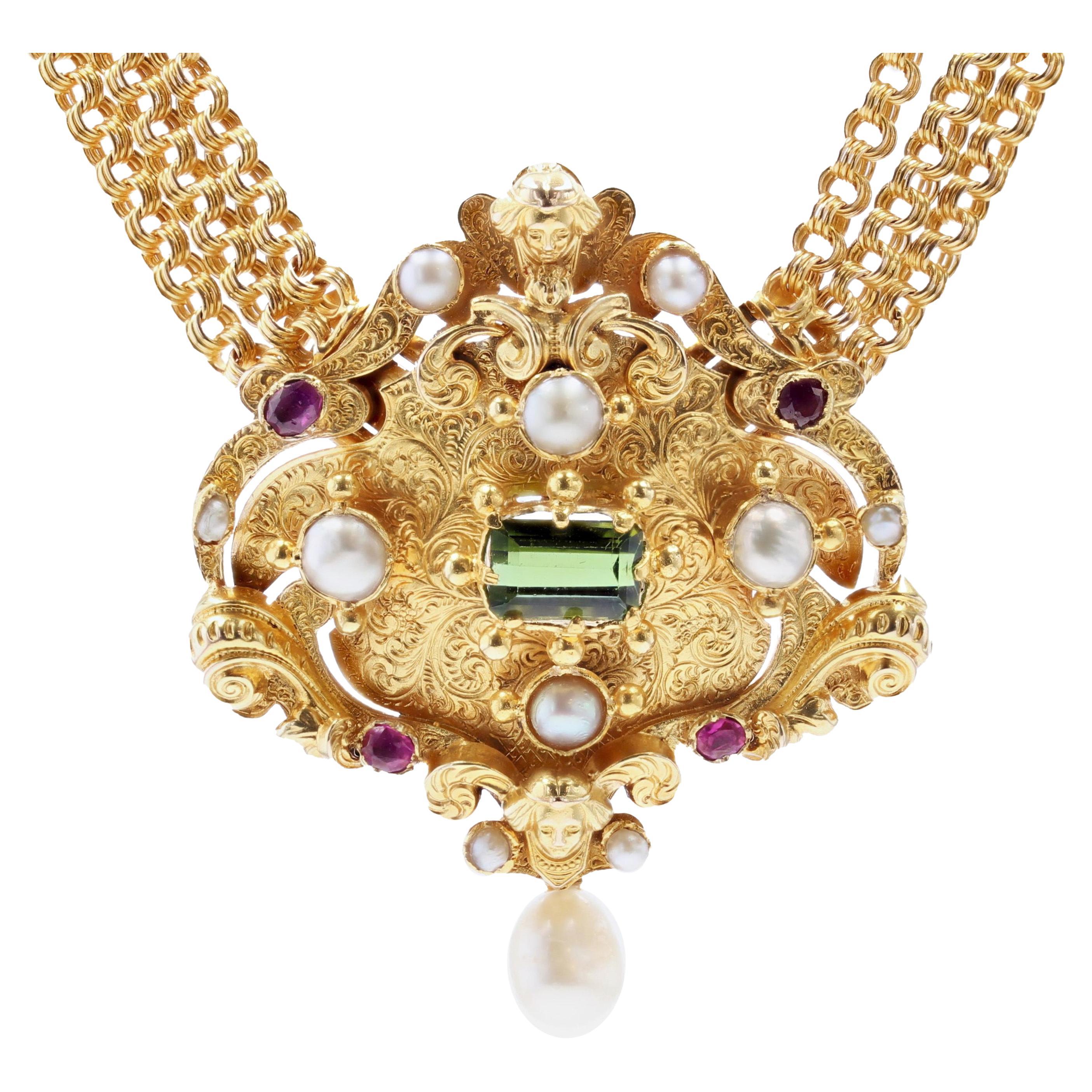 Collier ancien transformable en or jaune 18 carats avec perle franaise, rubis et tourmaline