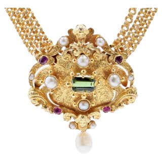 French Pearl Emerald Sapphire Ruby Spinel Gold Torsade Necklace For ...