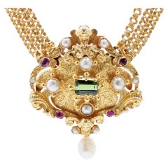 Collier ancien transformable en or jaune 18 carats avec perle franaise, rubis et tourmaline