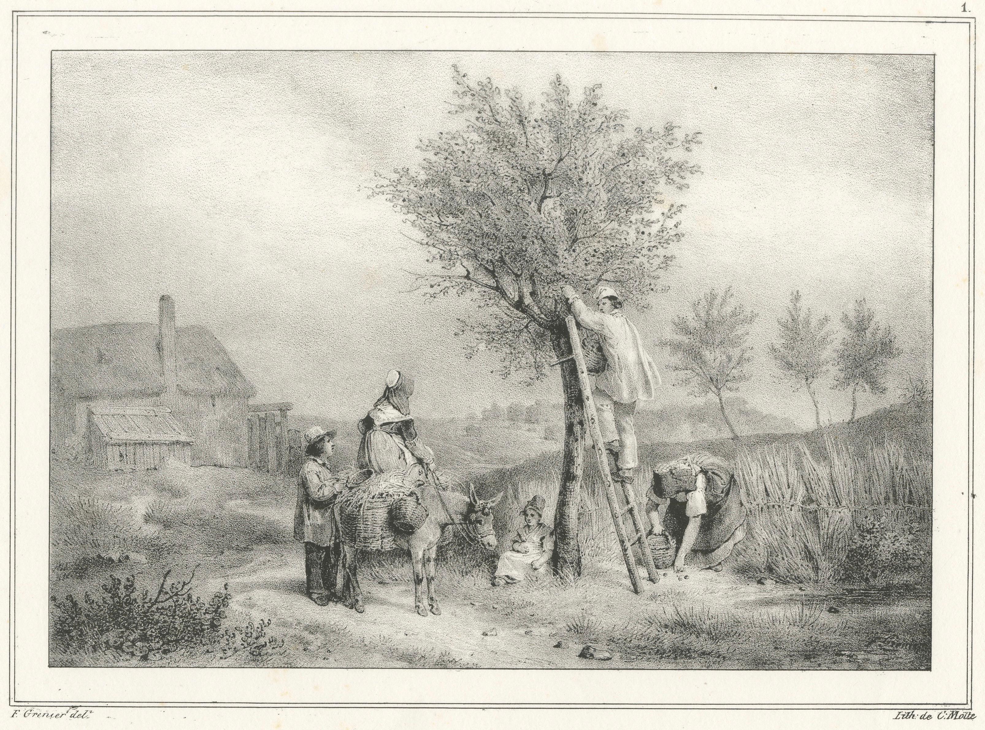French Peasant Family Harvest Scene, Montmorency Countryside Lithograph, c.1830