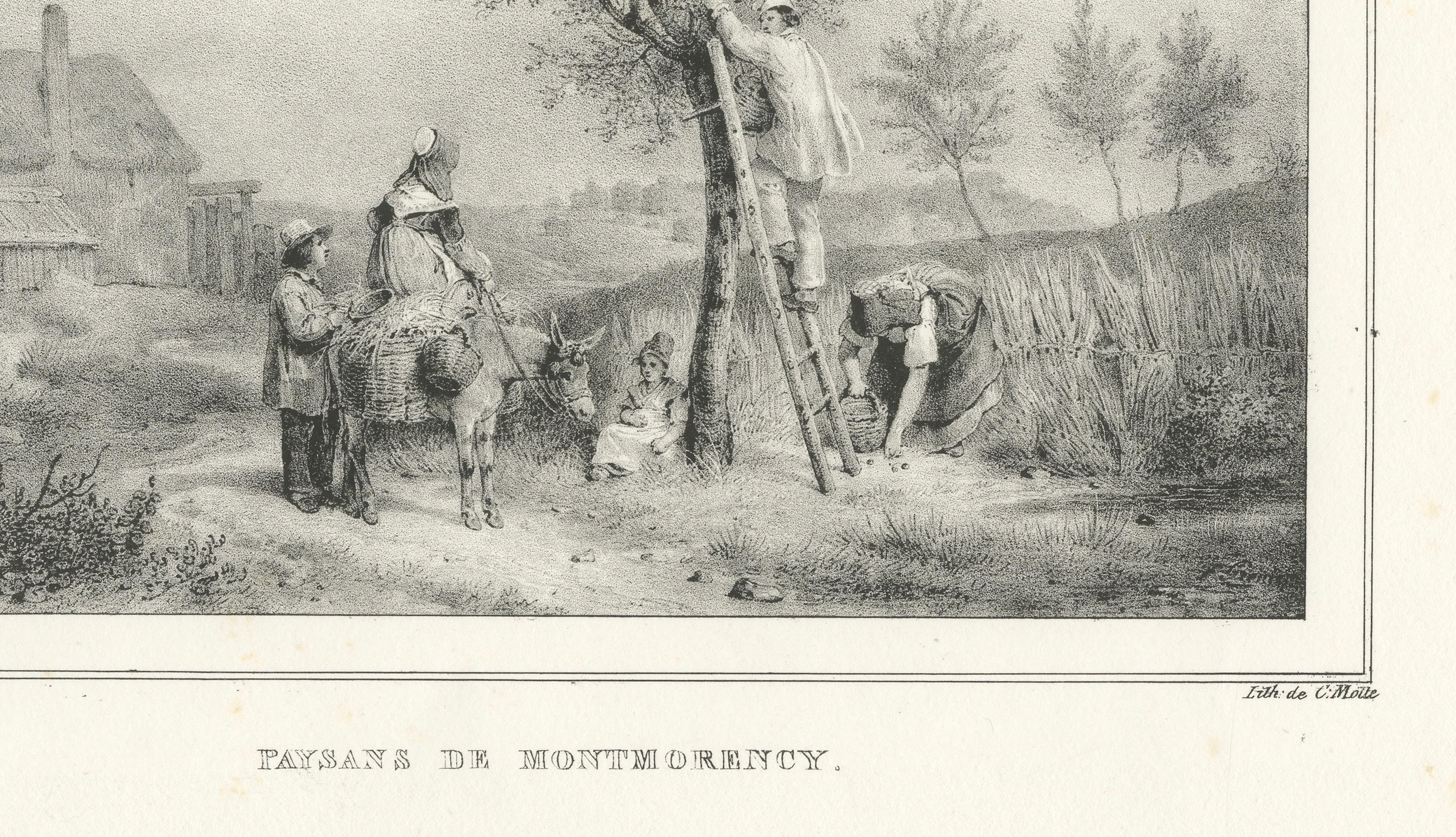 French Peasant Family Harvest Scene, Montmorency Countryside Lithograph, c.1830