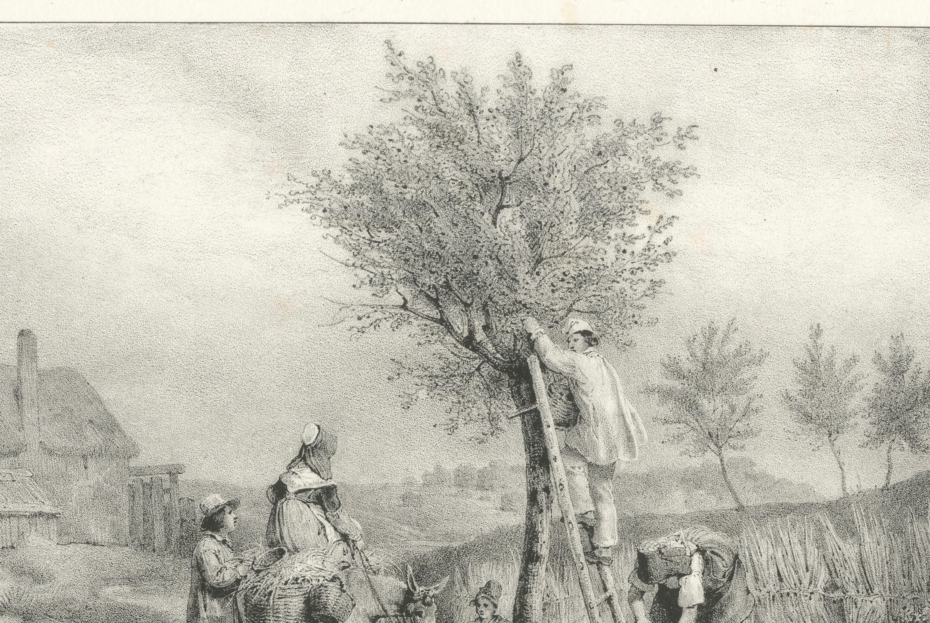 French Peasant Family Harvest Scene, Montmorency Countryside Lithograph, c.1830