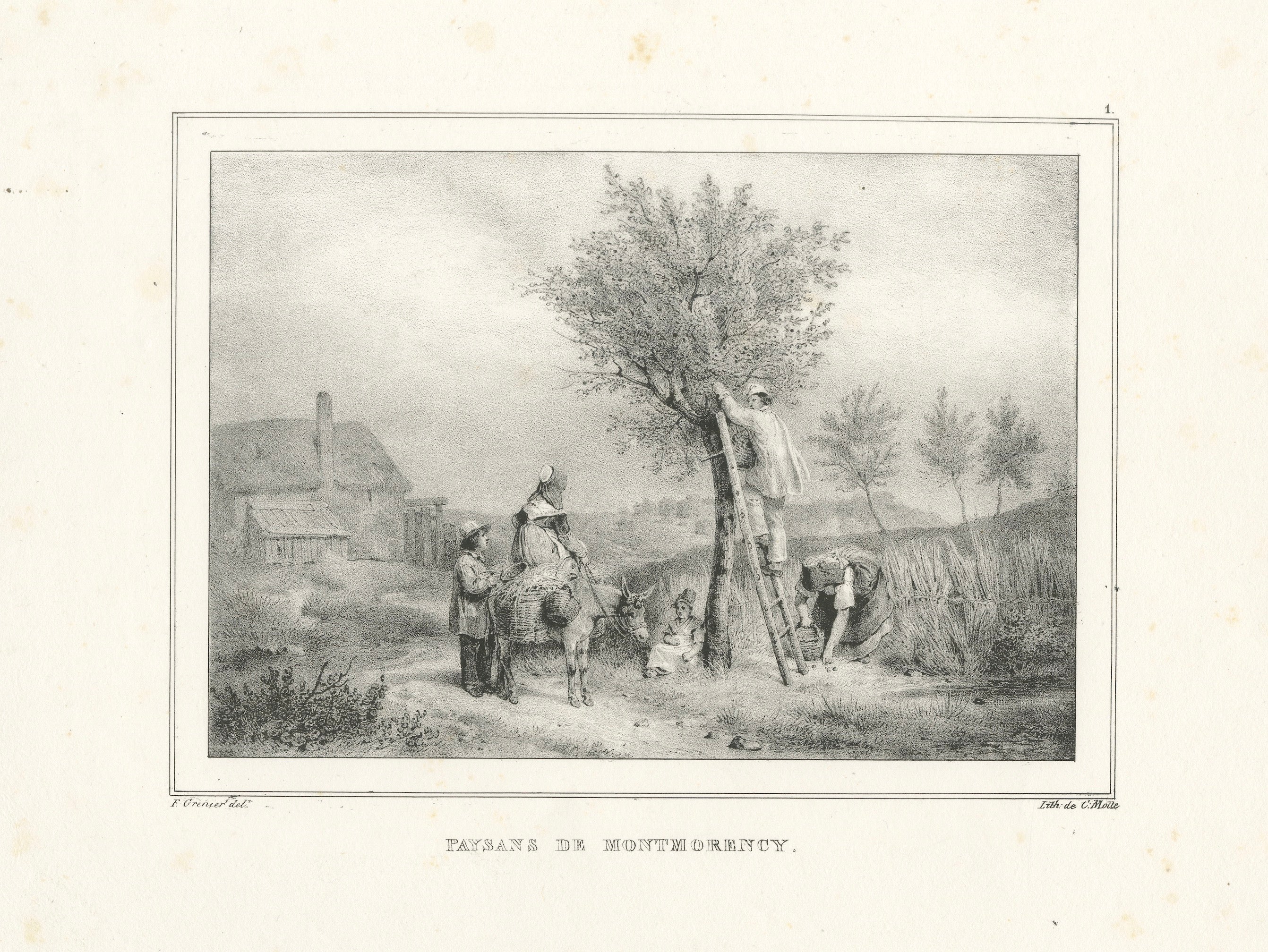 Französische Bauernfamilie Ernteszene, Montmorency Landschaft Lithographie, um 1830 im Angebot